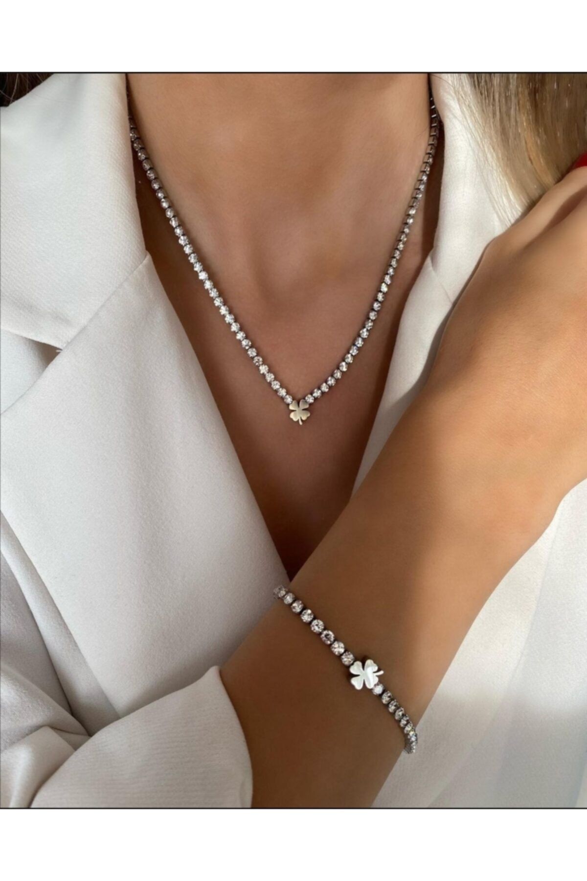 stainless steell Paslanmaz Çelik Zirkon Taşlı Yonca Set