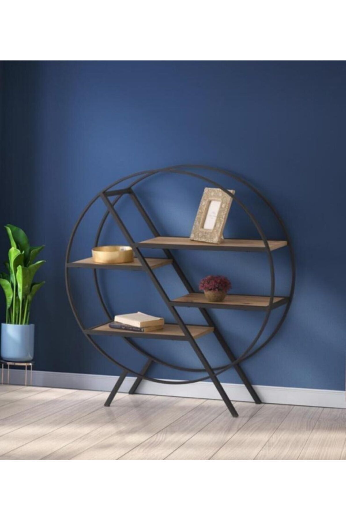 ALVE Yuvarlak Ferforje Dekoratif Raflı Kitaplık 100x30x113cm