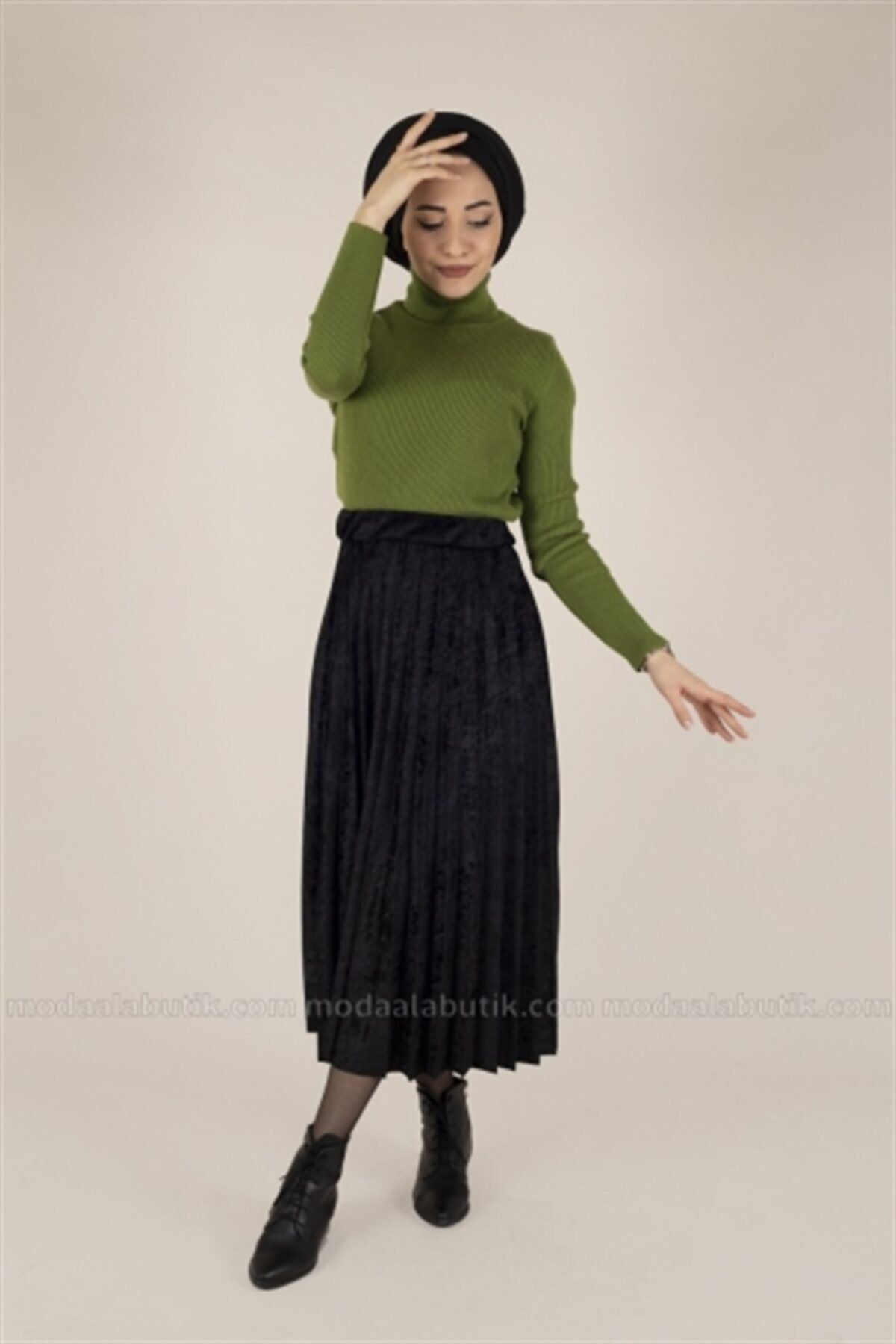 moda ala Boğazlı Fitilli Kazak Zeytin Yeşili