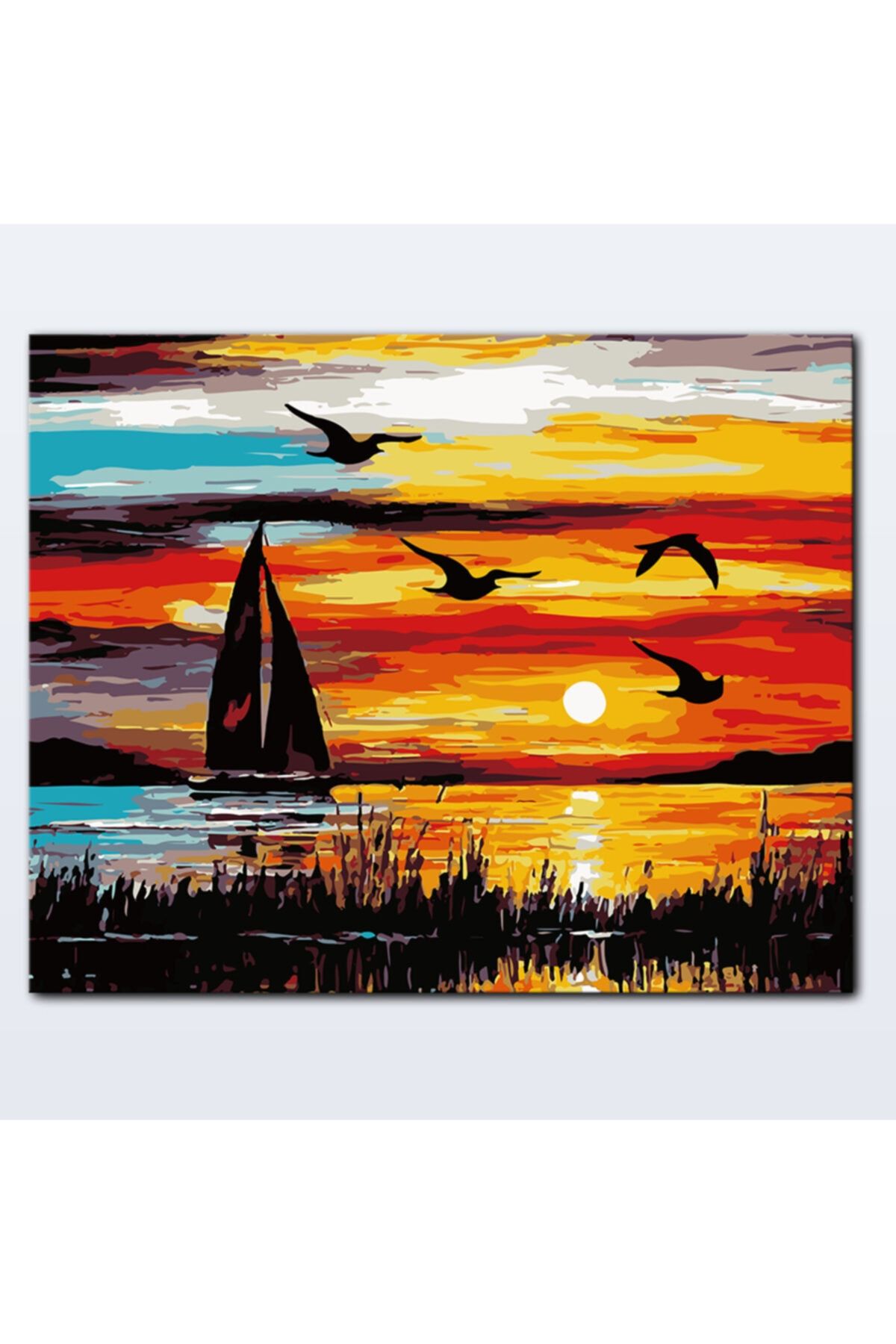 iRessam Numaralı Sayılarla Tuval Resim Boyama - Gün Batımı Ve Yelkenli (40x50 Cm)
