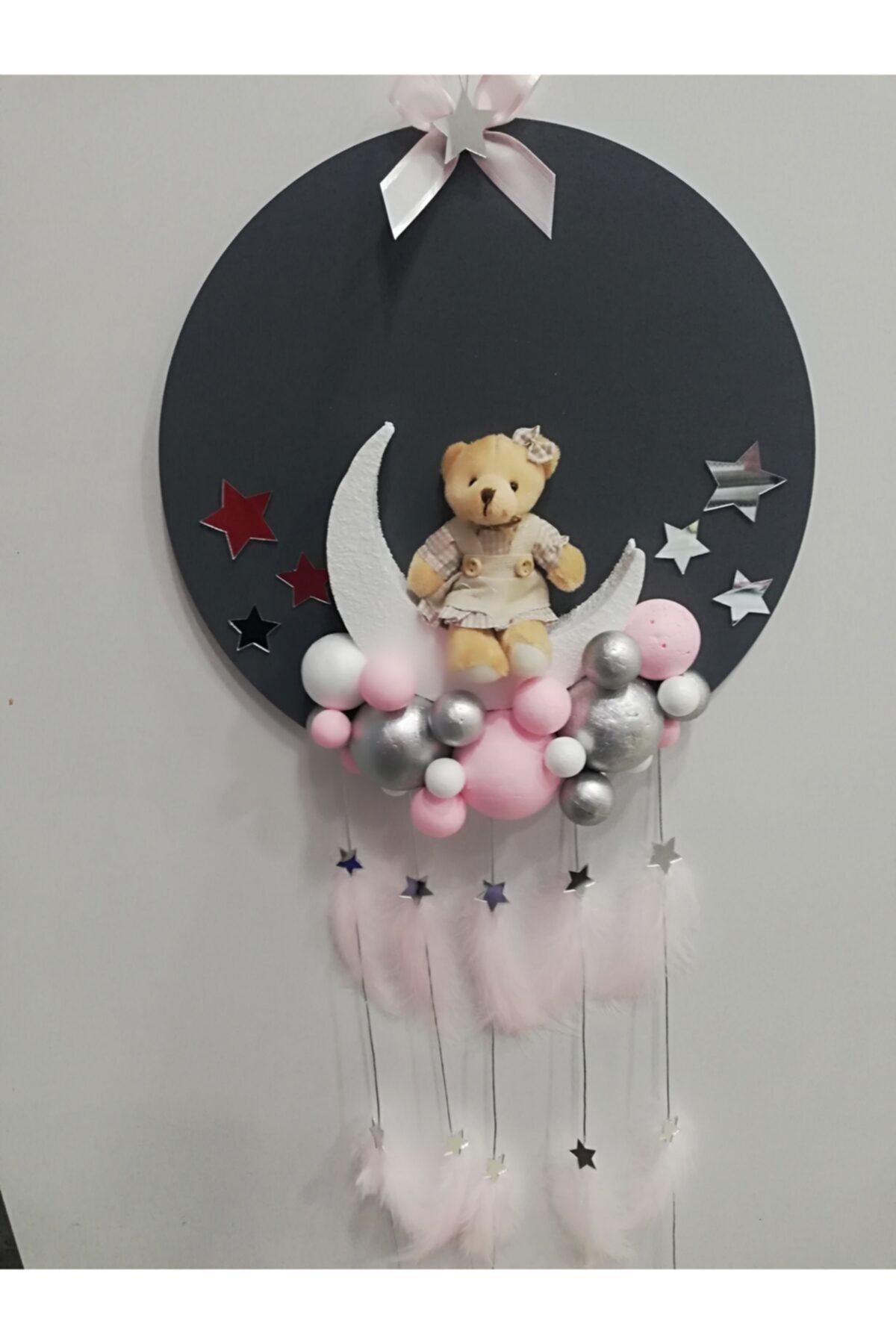 El Emeği Gri Ahşap Bebek Kapı Süsü
