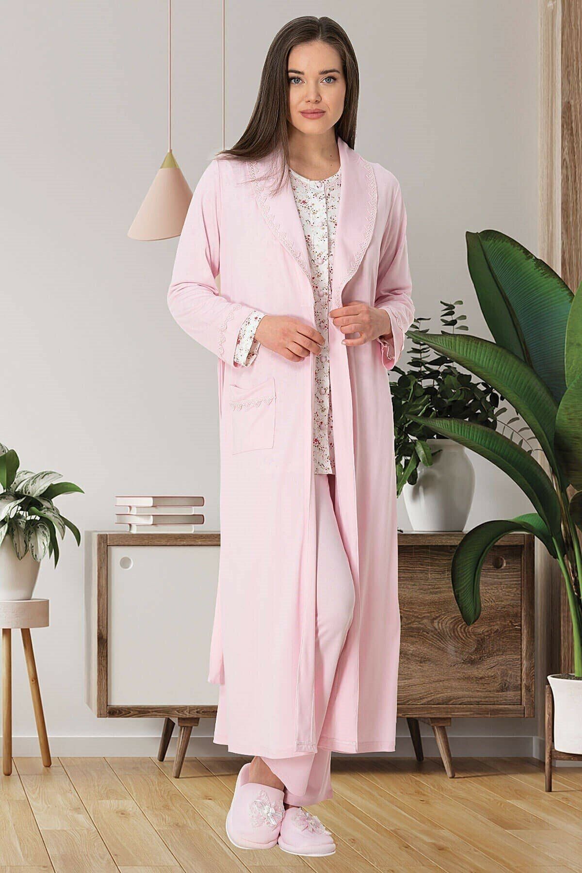 Bestin Kadın Pembe Büyük Beden Sabahlıklı Pijama Takımı