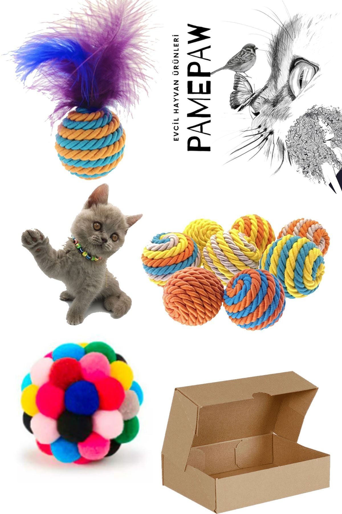 PAMEPAW Kedi Sarma Top , Kedi Ponpon Top , Kedi Tüylü Top 3'lü Avantaj Seti