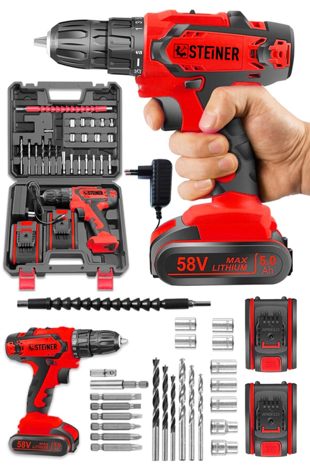 STEİNER Germany Technology Kupfer Darbeli 58 V 5 Ah Çift Akülü Vidalama Matkap Kırmızı 24 Parça Set