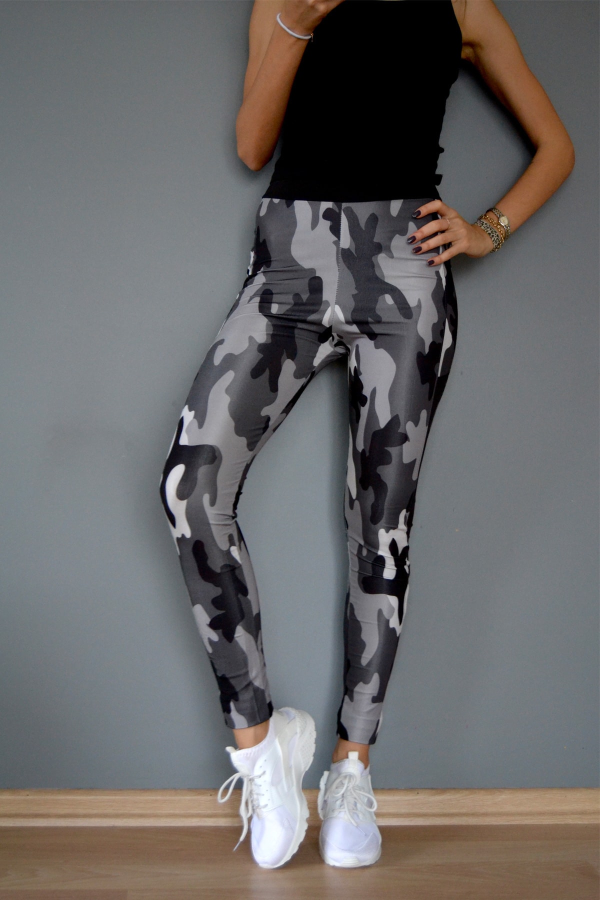 Dominant Yüksek Bel Gri Kamuflaj Desenli Kadın Spor Tayt