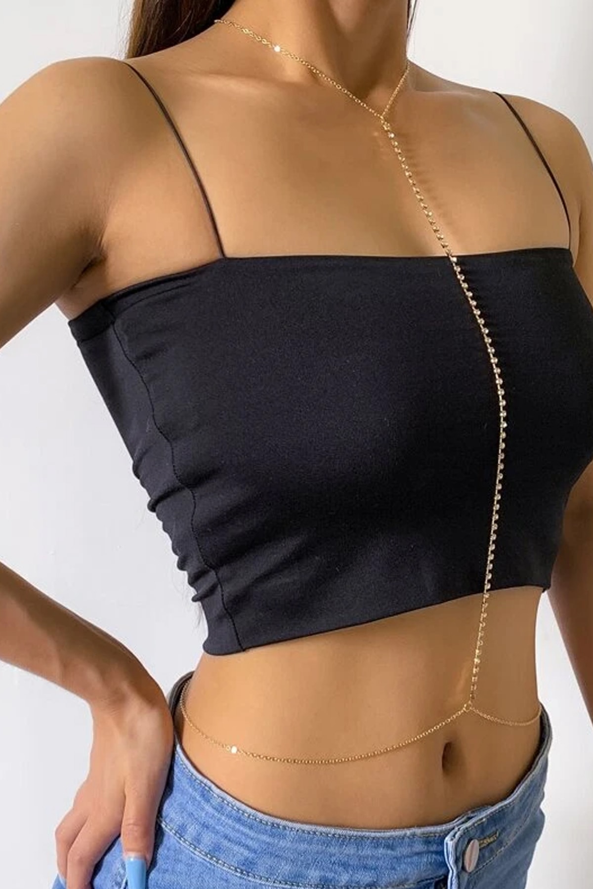 QP Angel's Kadın Vücut Kolyesi Kristal Zincir Gold Renk