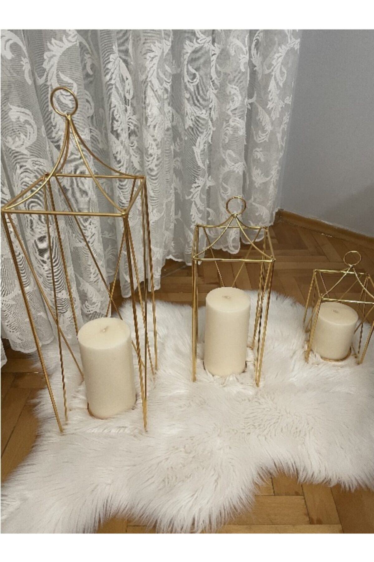 ASL CONCEPT FURNİTURE - Gold Renk Dekoratif Metal 3'lü Fener Mumluk