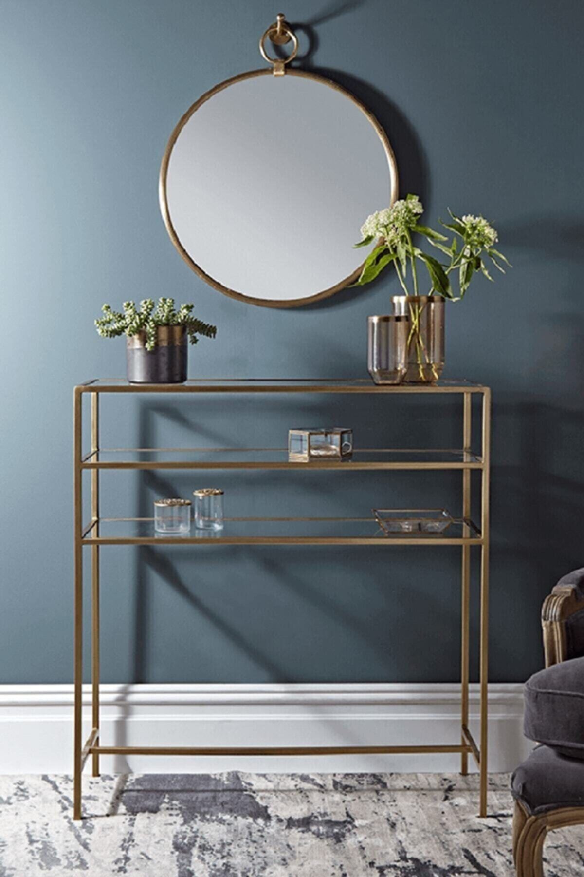 atolly design Metal Gold Cam Raflı Ayna Hediyeli Vitrin