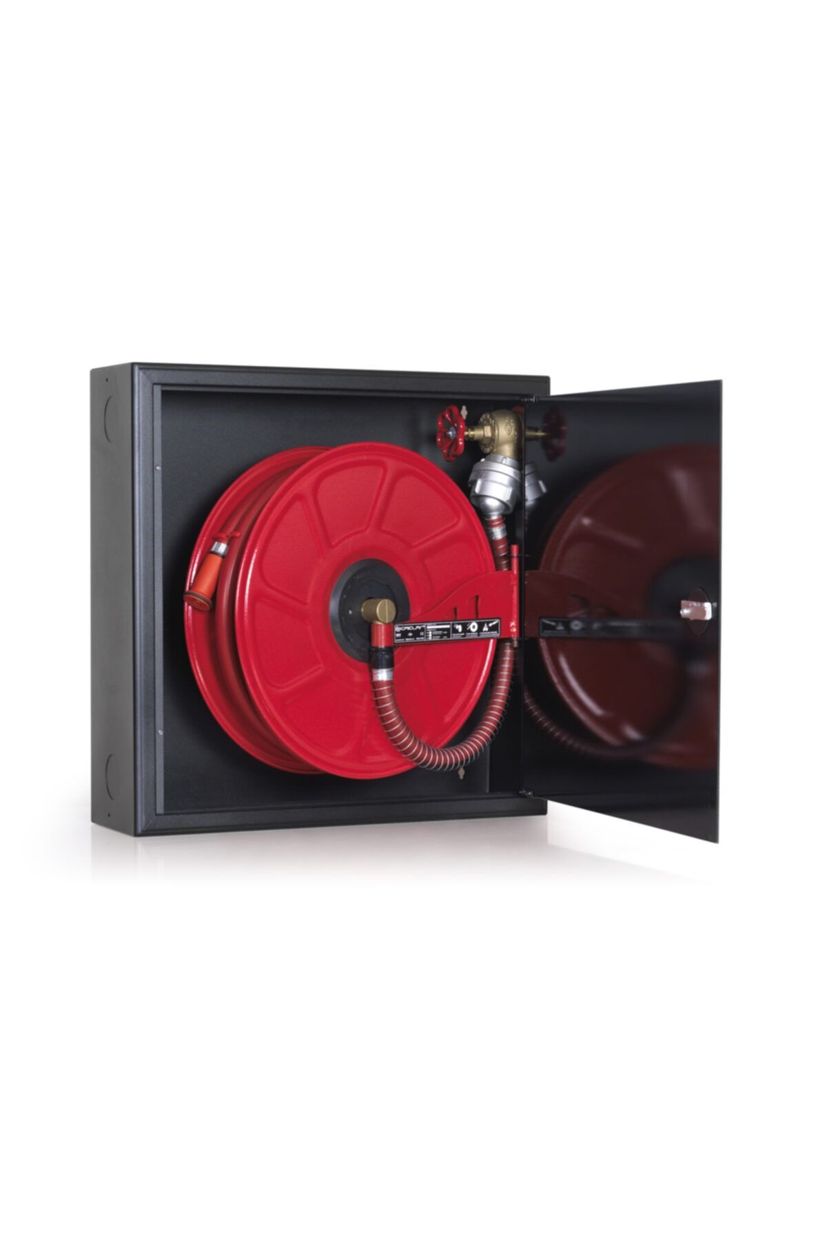Ocaklar Yangın Dolabı Tek Cam Kapaklı Sıva Üstü 750*750*220 Mm 1'' 30 Mt Kauçuk Hortumlu 1'' Vanalı