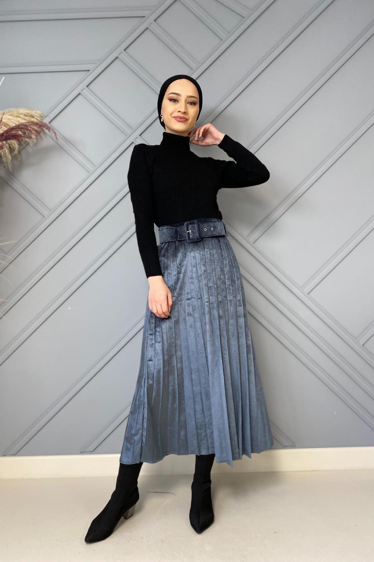 Şule Giyim Kadife Etek Gri