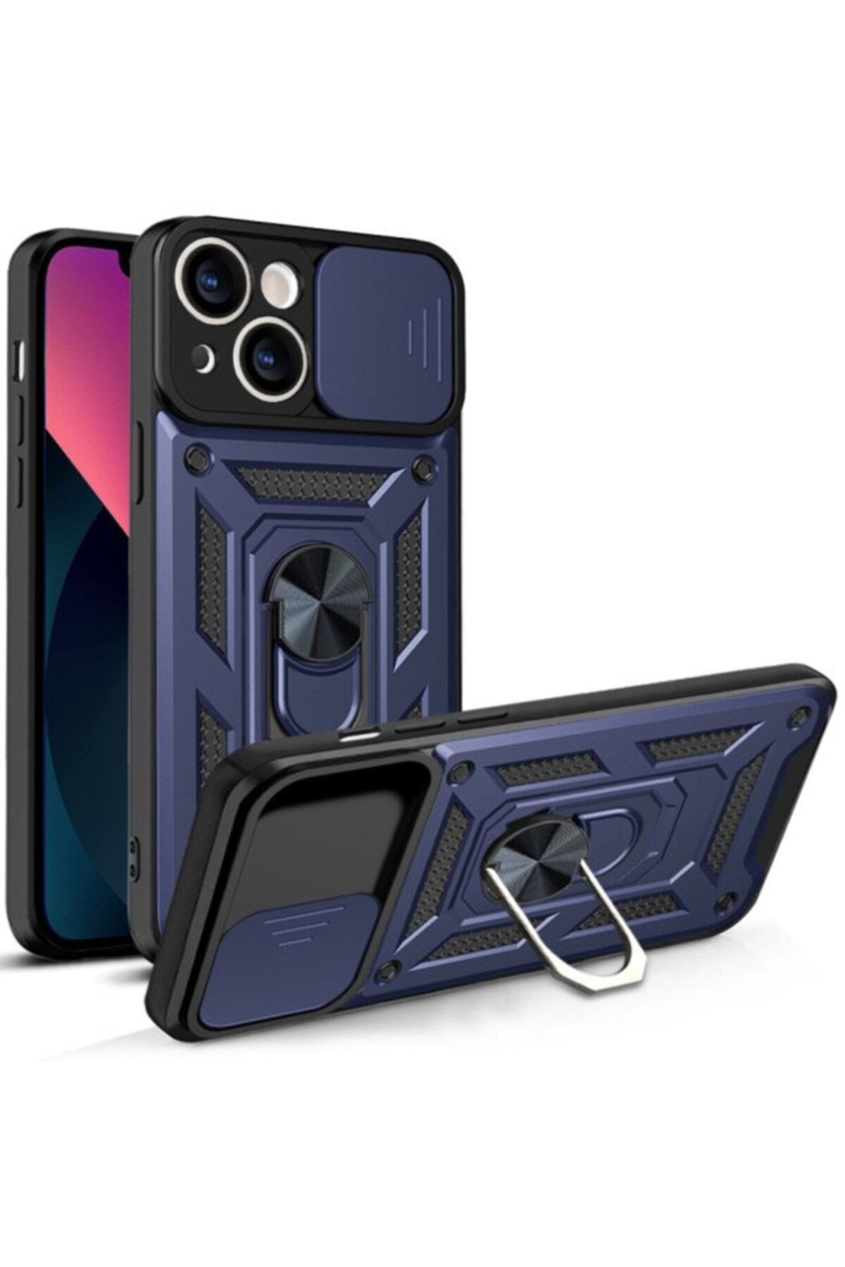 Fibaks Iphone 13 Uyumlu Kılıf Kamera Korumalı Sürgülü Yüzüklü Armor Military Tank Zırhlı