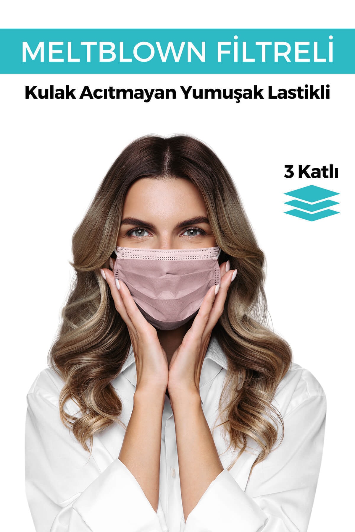 Mutlu Maske Kadın Meltblown Filtreli Kulak Acıtmayan 3 Katlı Telli Pudra Renkli Kaliteli Cerrahi Maske 20 li