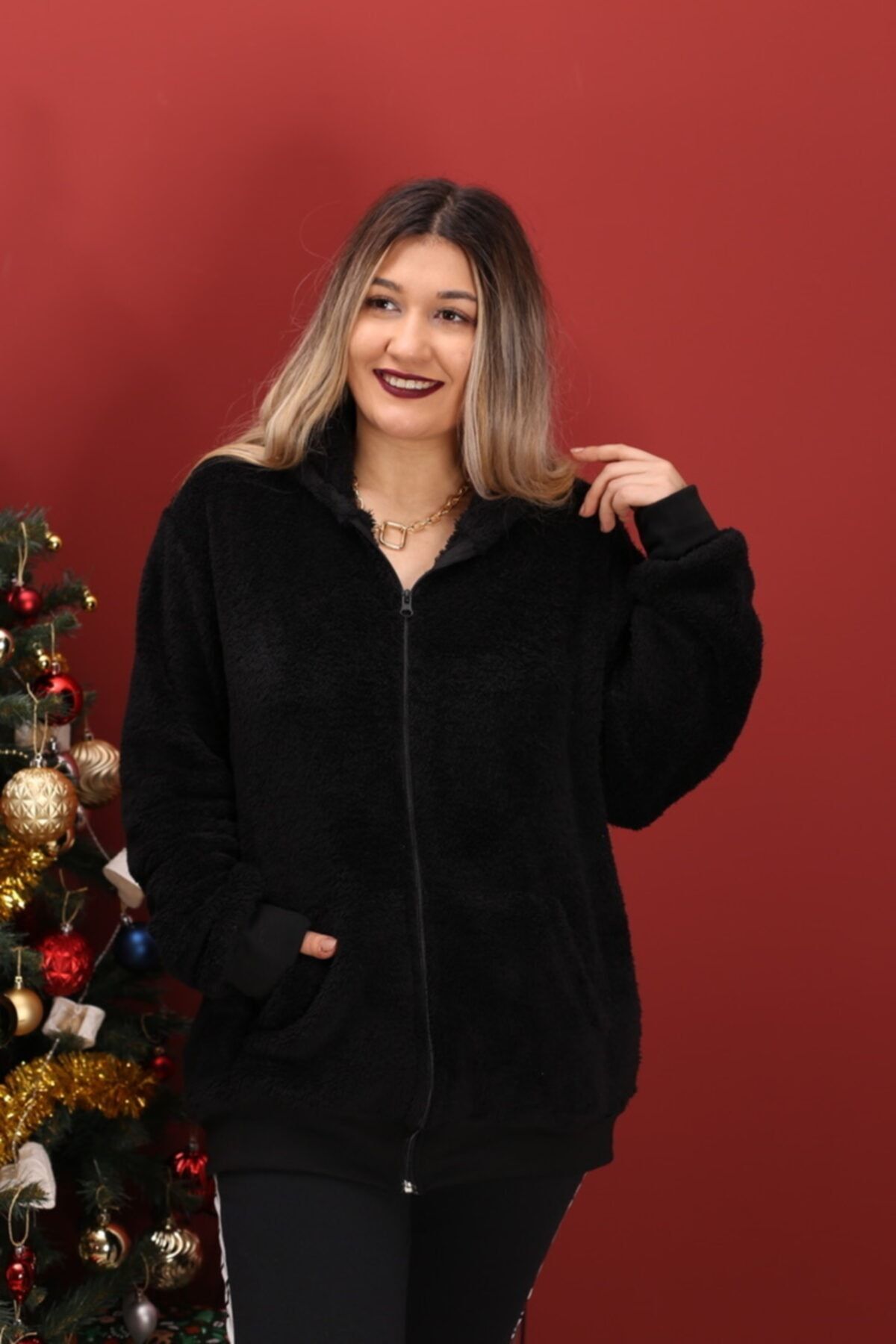 Renkte Battal Fermuarlı Peluş Siyah Mont/ceket