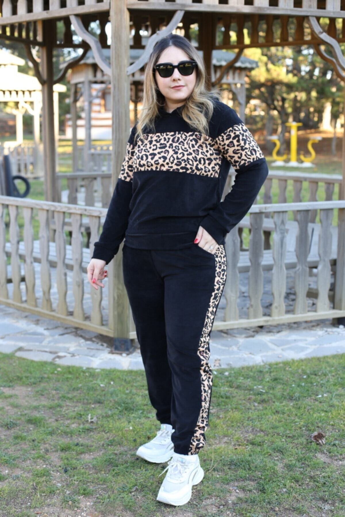 Renkte Ortası Leopar Siyah Kadife Takım