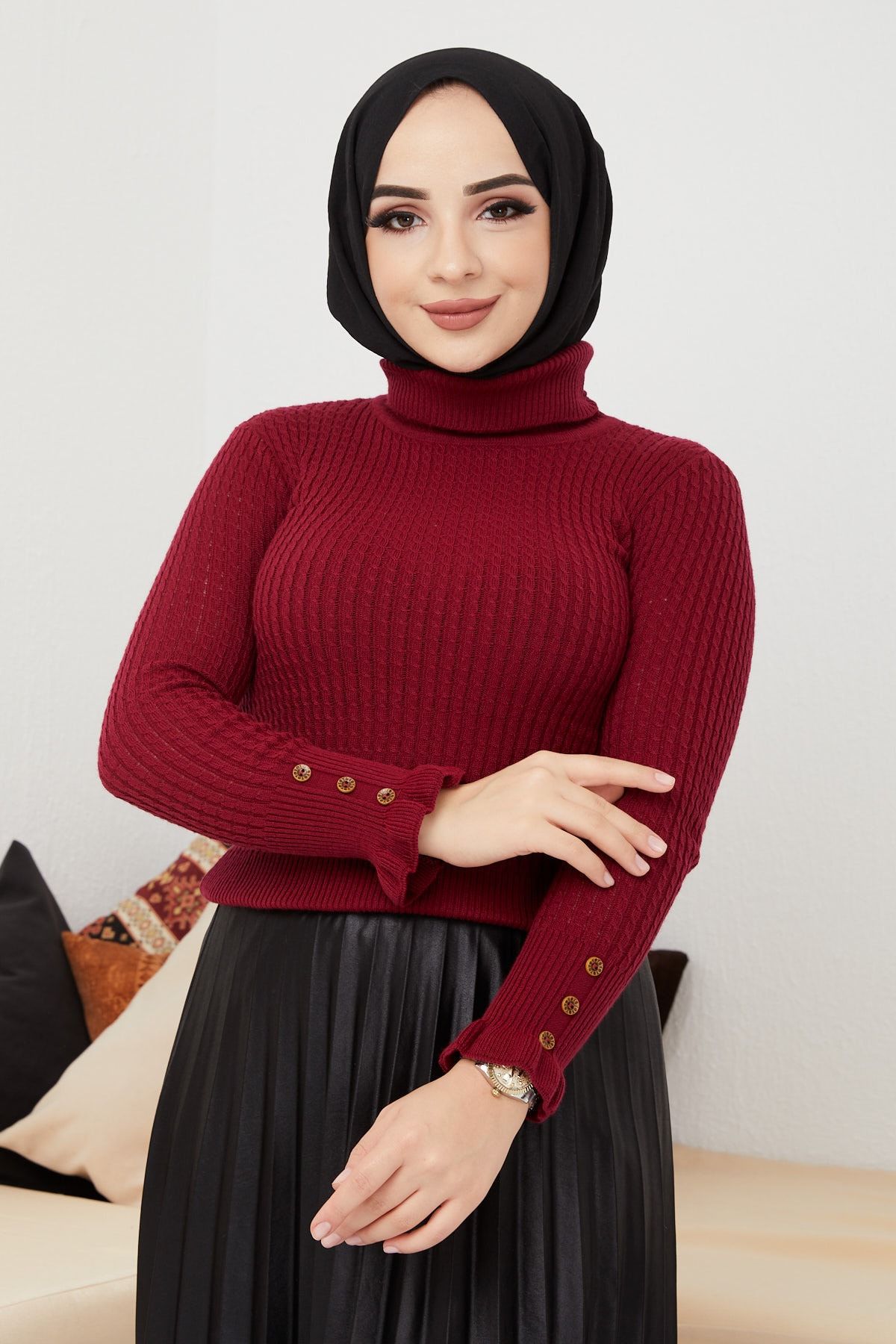 İmajButik Kol Fırfır Detaylı Tam Boğaz Triko Kazak/bordo