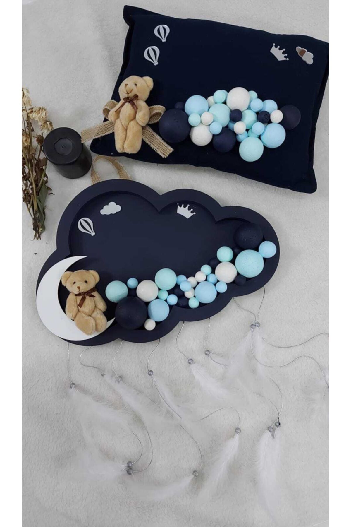 decorleon Isimli Bubble Ahşap Bulut Kapı Süsü Ve Yastık Lacivert