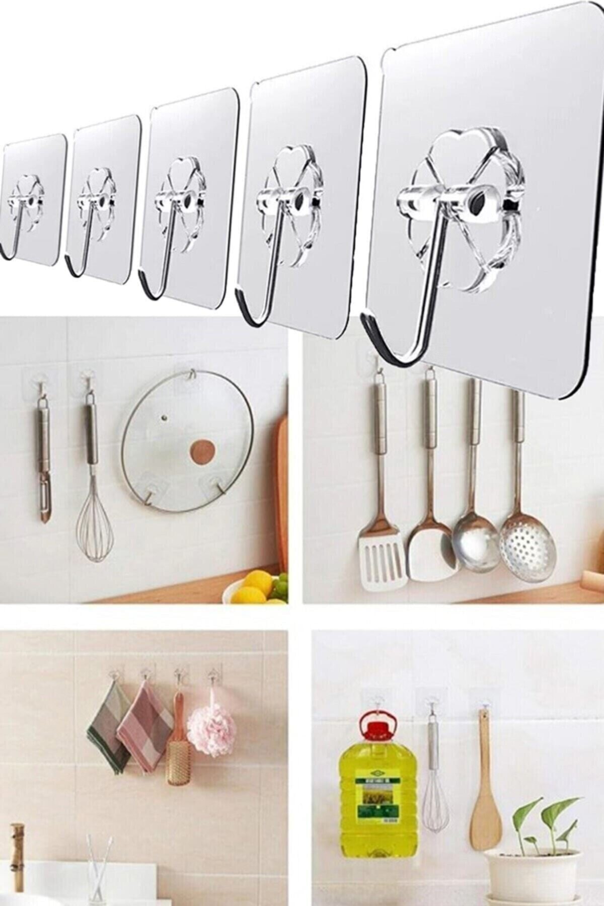 Kitchen Beauty Kendinden Yapışkanlı Şeffaf Askı 5 Li Set Banyo Mutfak Askısı