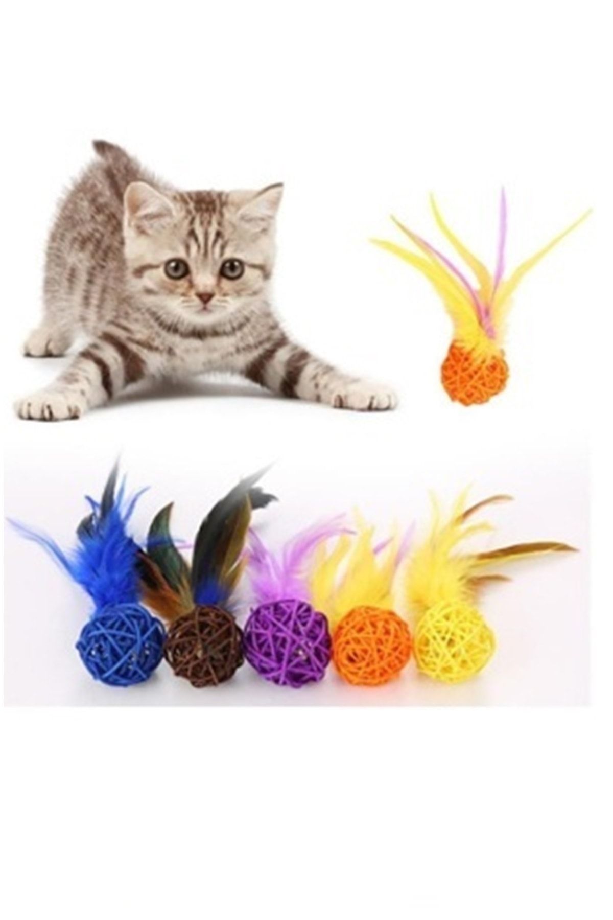 İndirimKap 2li Rattan Renkli Peluş Tüy Kedi Köpek Oyuncak Yakalama Çiğneme Çıngıraklı Top Oyuncağı Tüylü Zilli