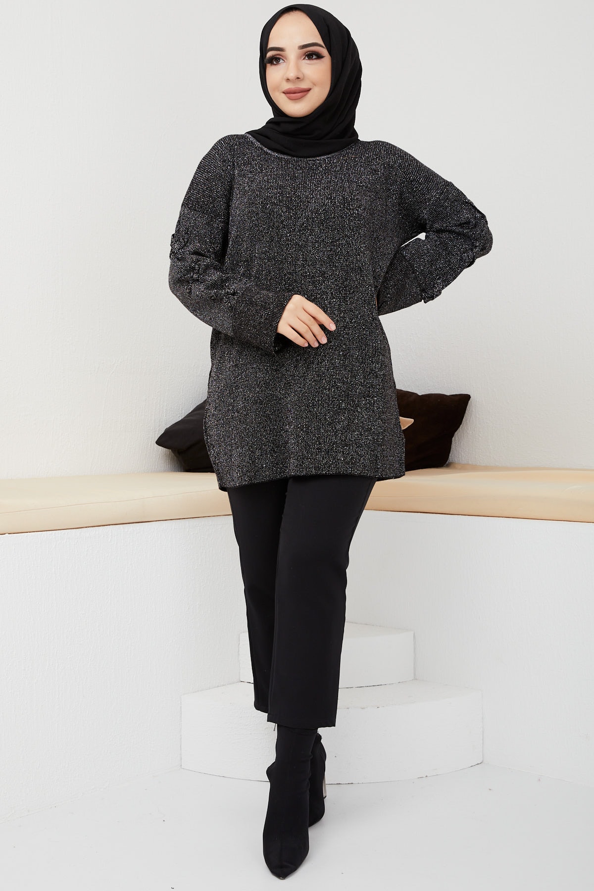 İmajButik Sırt Detaylı Simli Triko Tunik/siyah