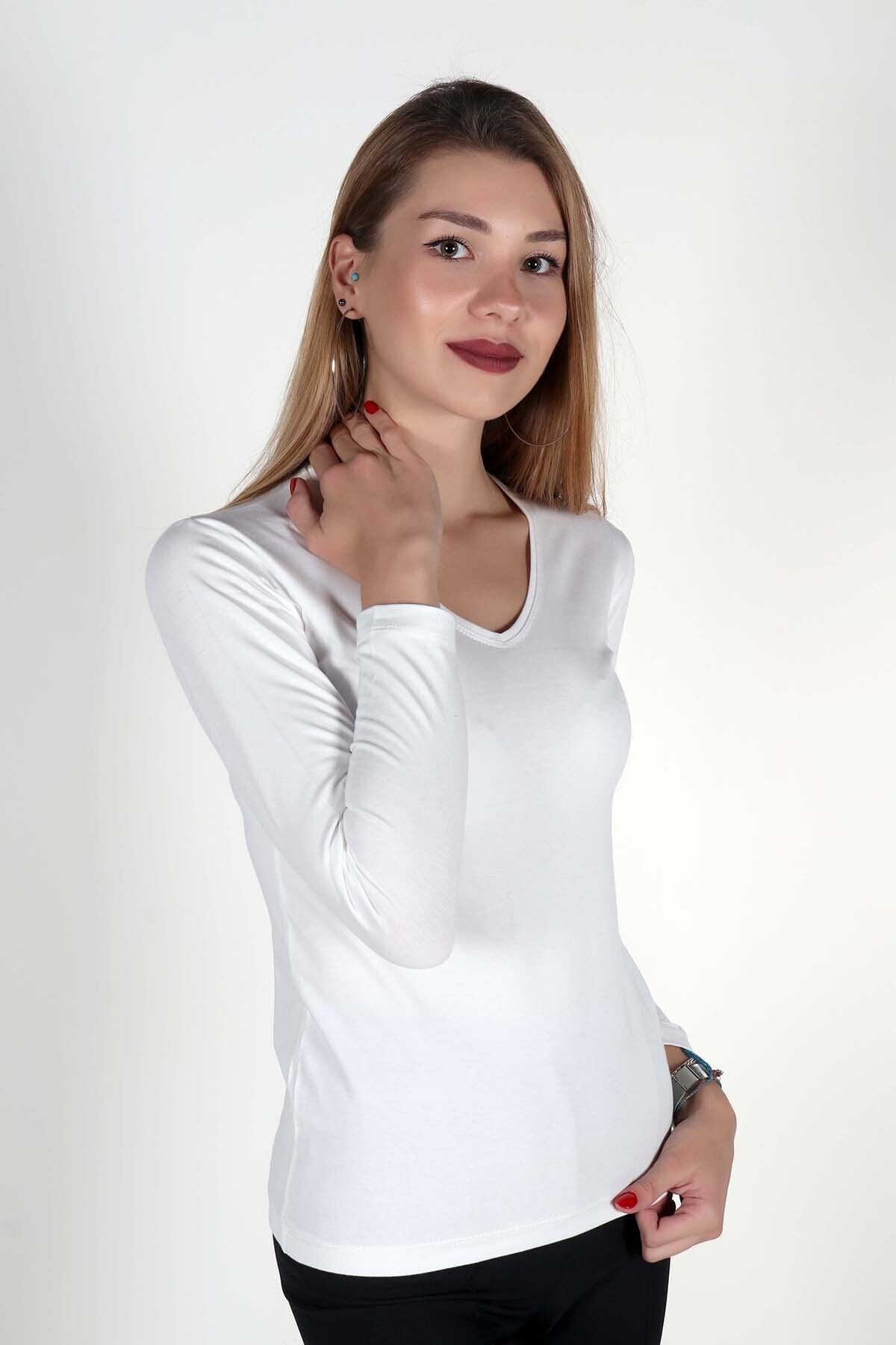 moda felinya Kadın Ekru Uzun Kollu V Yaka Body
