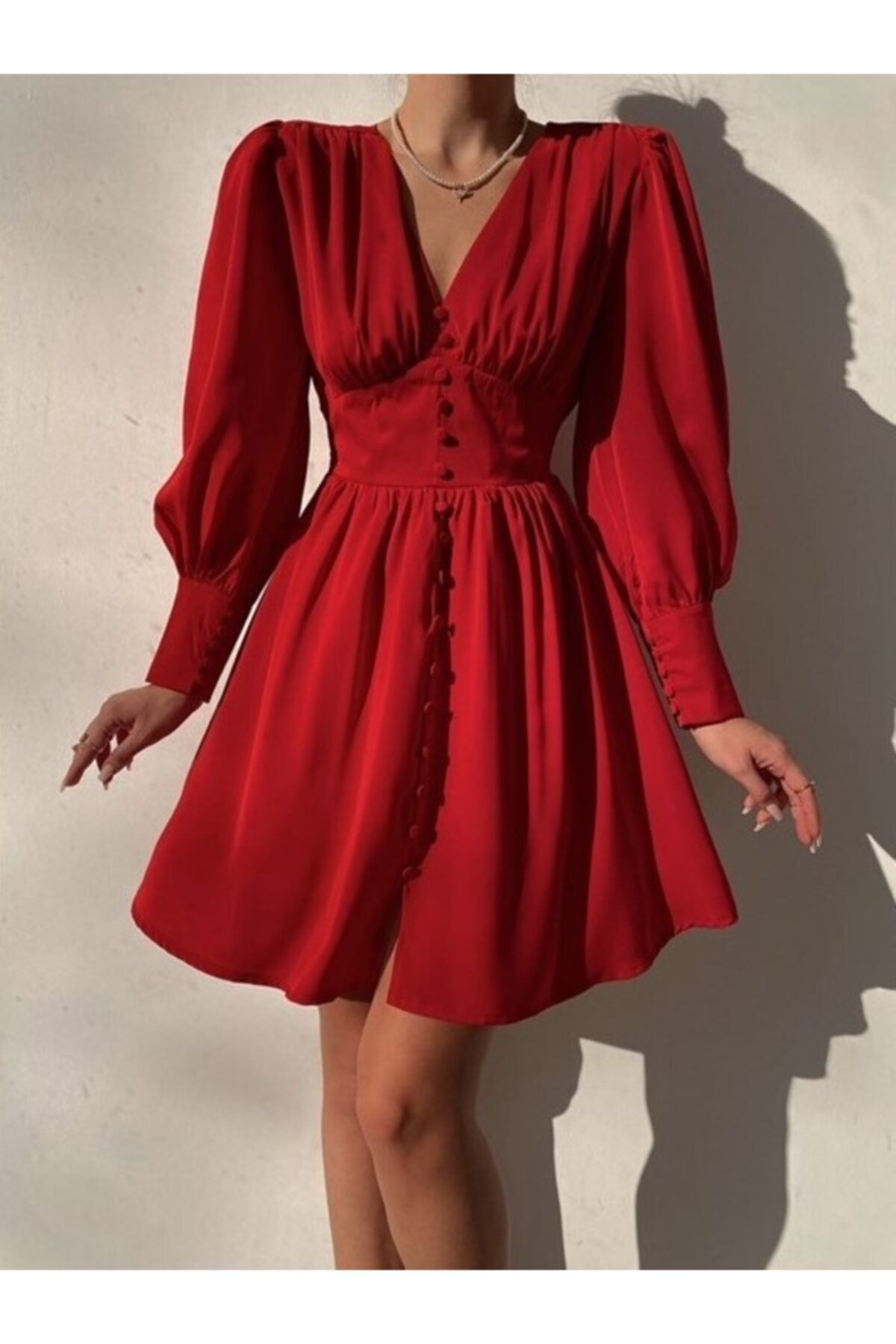 munora butik Önü Düğmeli Kırmızı Elbise