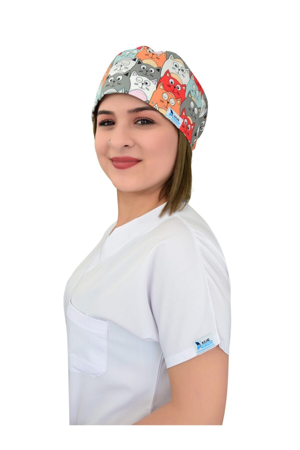 Nur Ortopedi Turuncu Kediler Temalı Cerrahi Doktor Hemşire Aşçı Bonesi