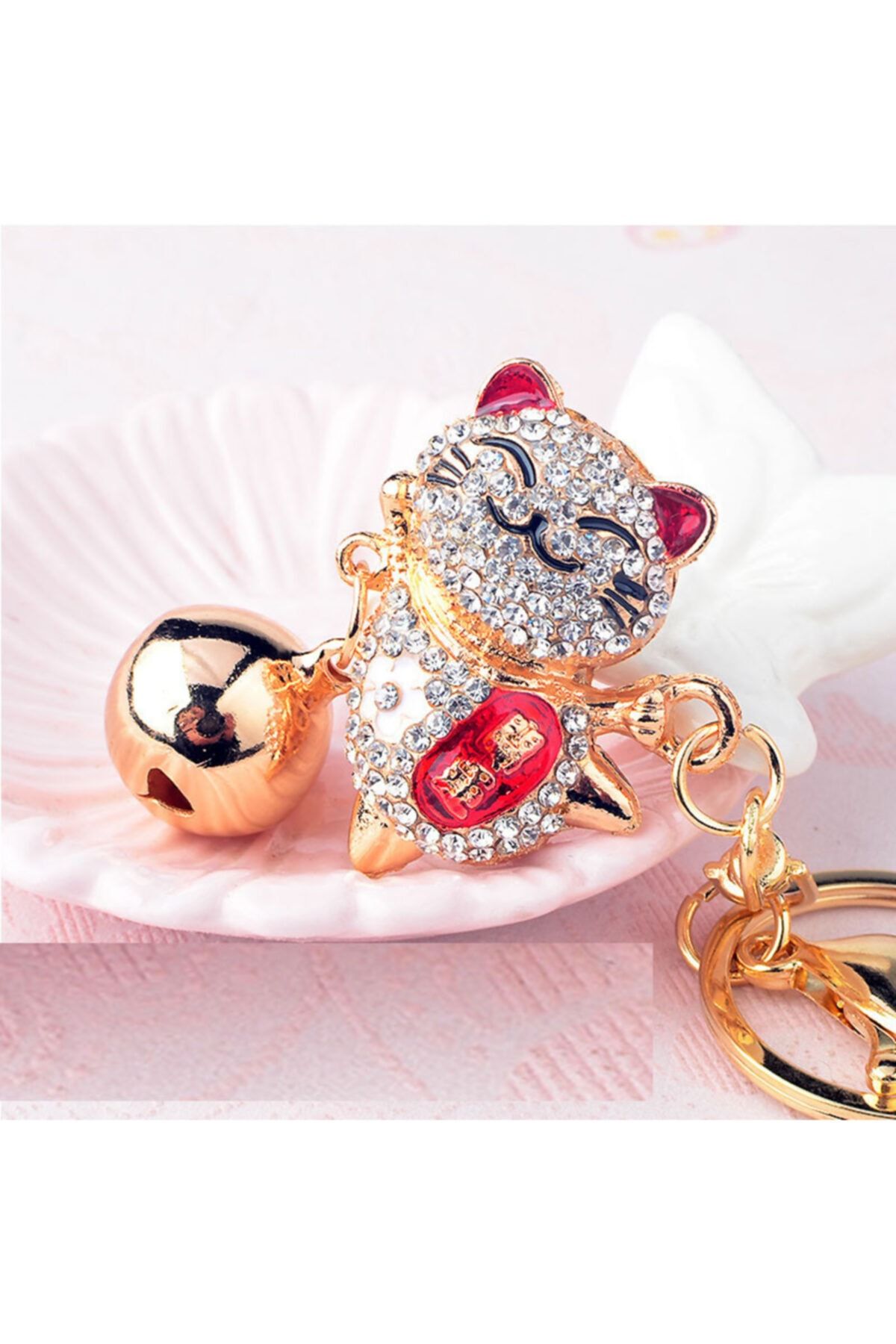LUCKY CAT Taşlı Şans Kedisi Anahtarlık Kırmızı