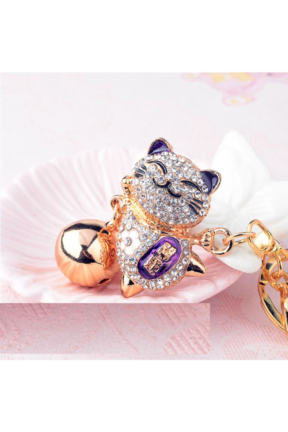 LUCKY CAT Taşlı Şans Kedisi Anahtarlık Mor