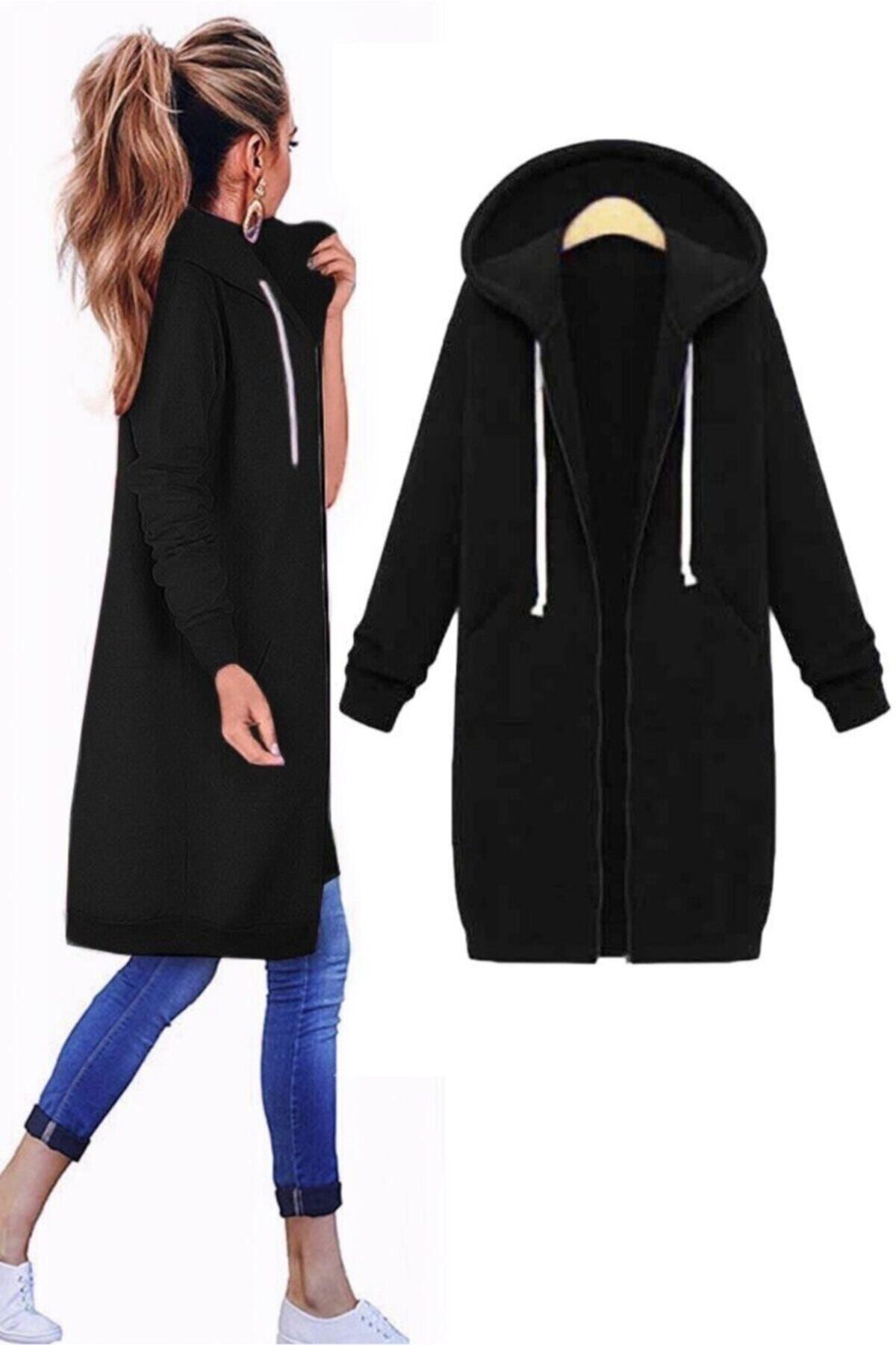 Özel Tasarım Fermuarlı Sweatshirt Uzun Sweatshirt Kapüşonlu Sweatshirt Maxi Sweat Trençkot
