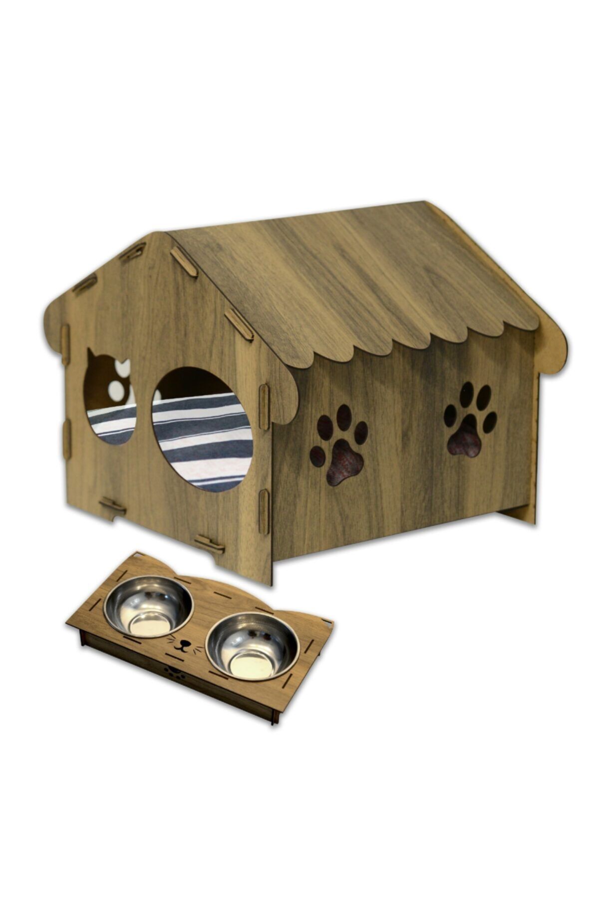 Gema Pati Desenli Ahşap Kedi Evi + Minder + Ahşap Standlı 2’li Mama Ve Su Kabı 33 X 36 X 37 Cm Asp4