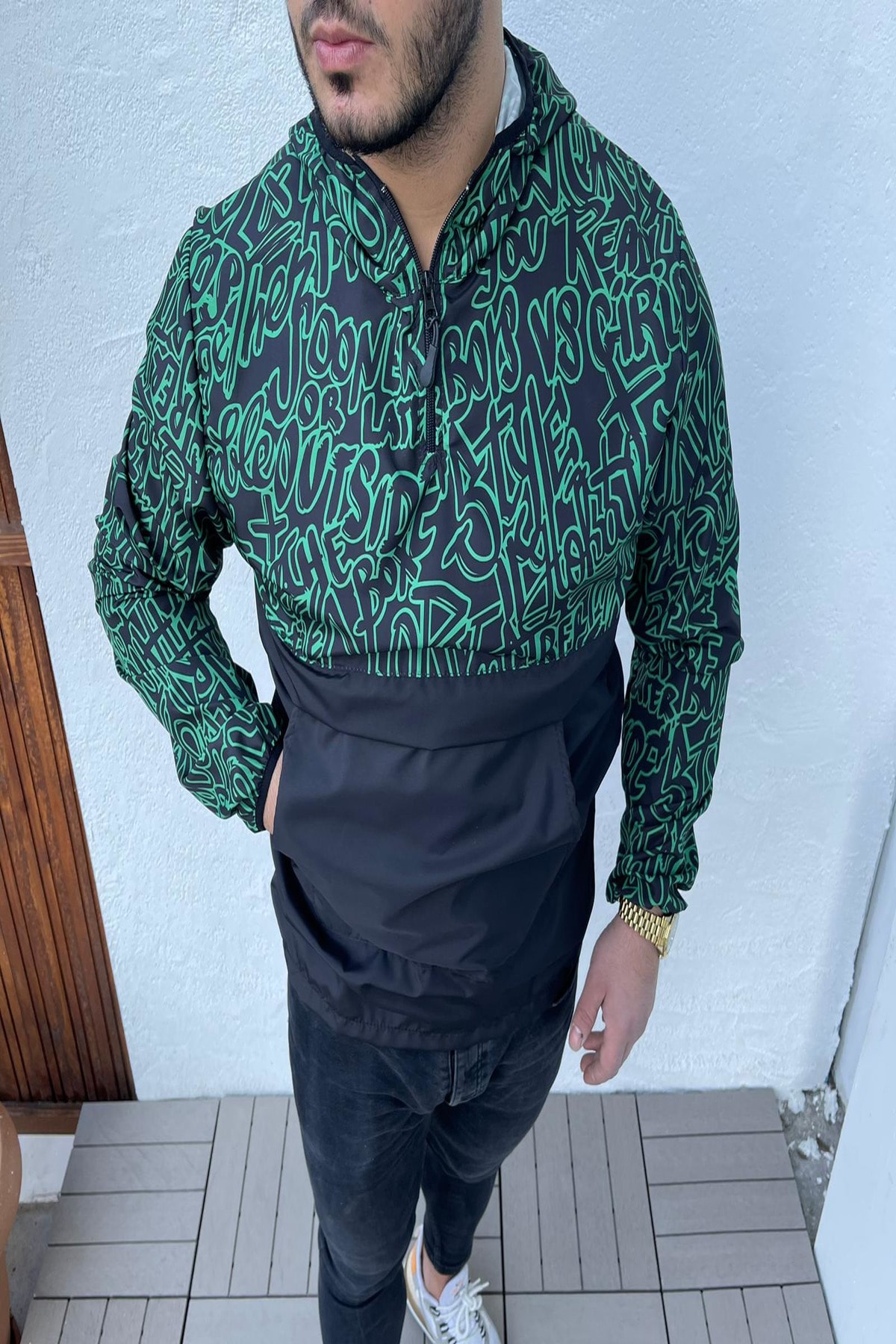 Betterco Unisex Desenli Kanguru Cep Fermuarlı Yağmurluk