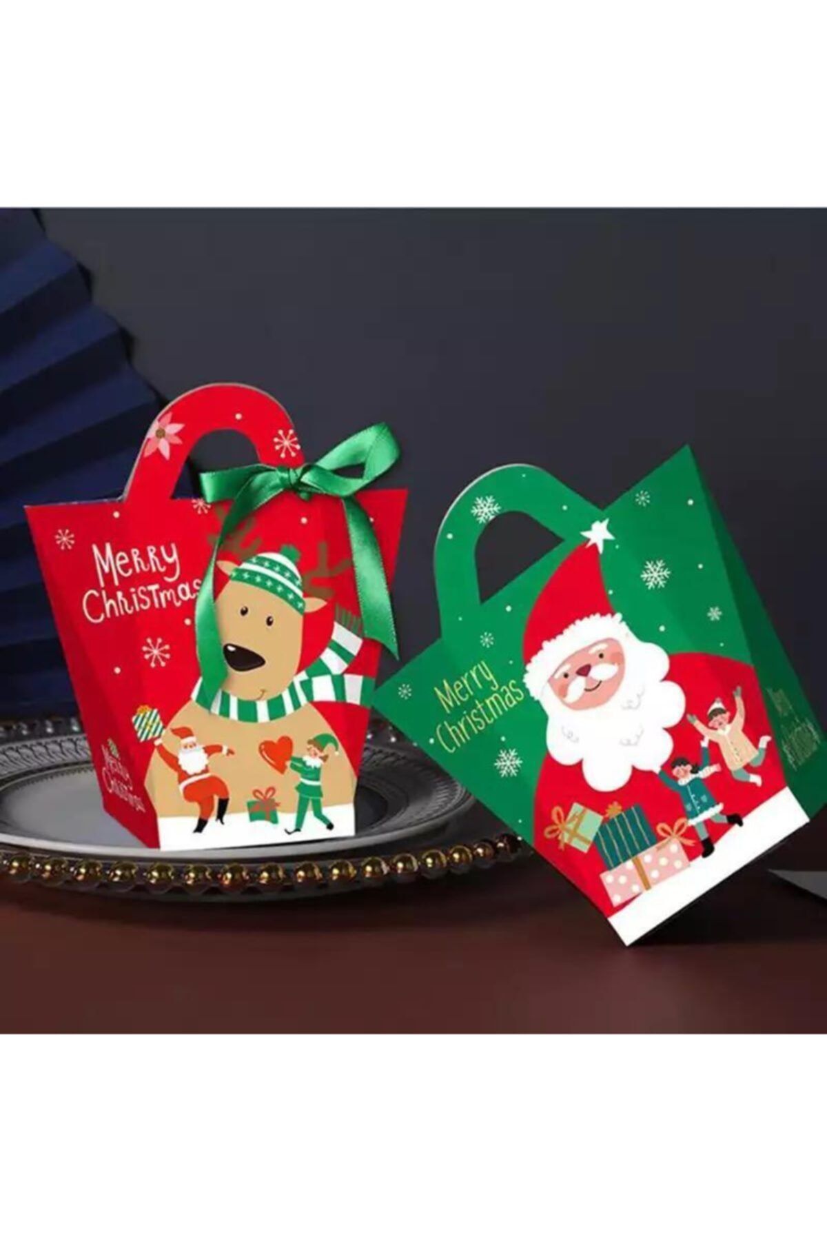 QUEEN AKSESUAR Yeni Yıl Yılbaşı Noel Geyiği Hediye Sunum Kurabiye Şeker Kutusu Karton Çanta Paket Geyik Kırmızı