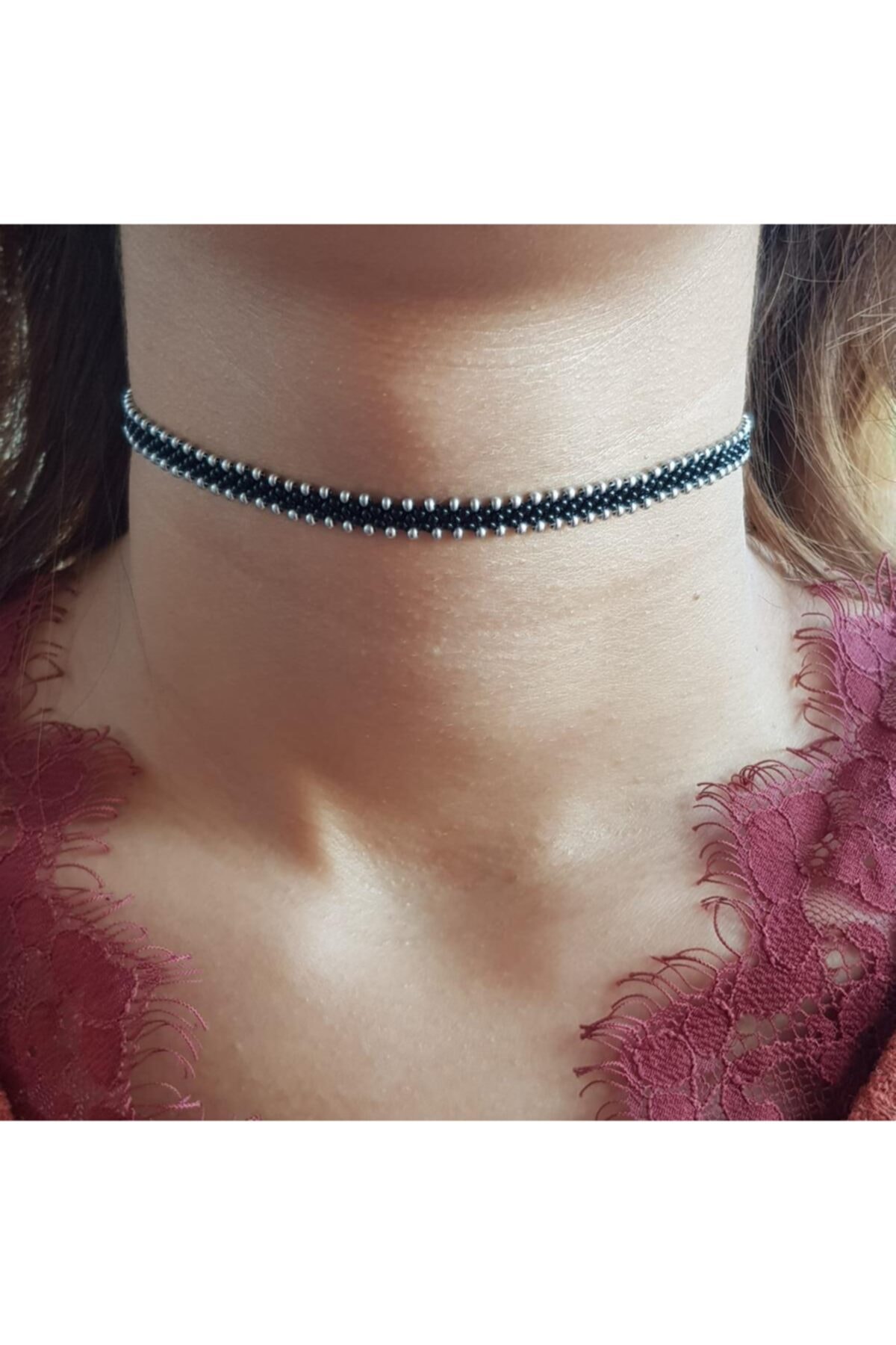 Handmade By HLY El Yapımı Siyah Gümüş Choker Kolye