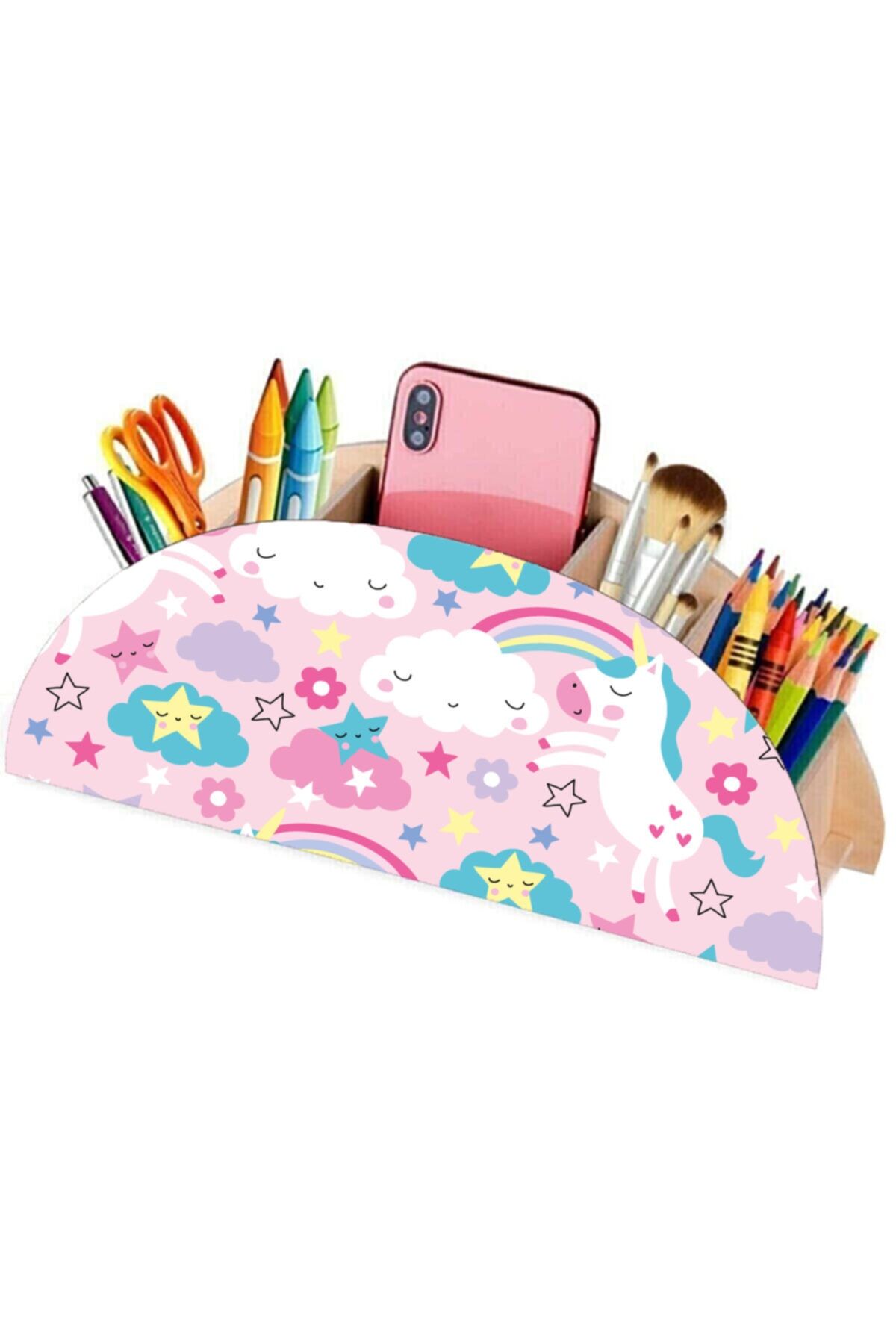 Renkli Home Unicorn Bulut Temalı Çocuklar Için Masaüstü Kalemlik Kalem Kutusu Organizer Ahşap