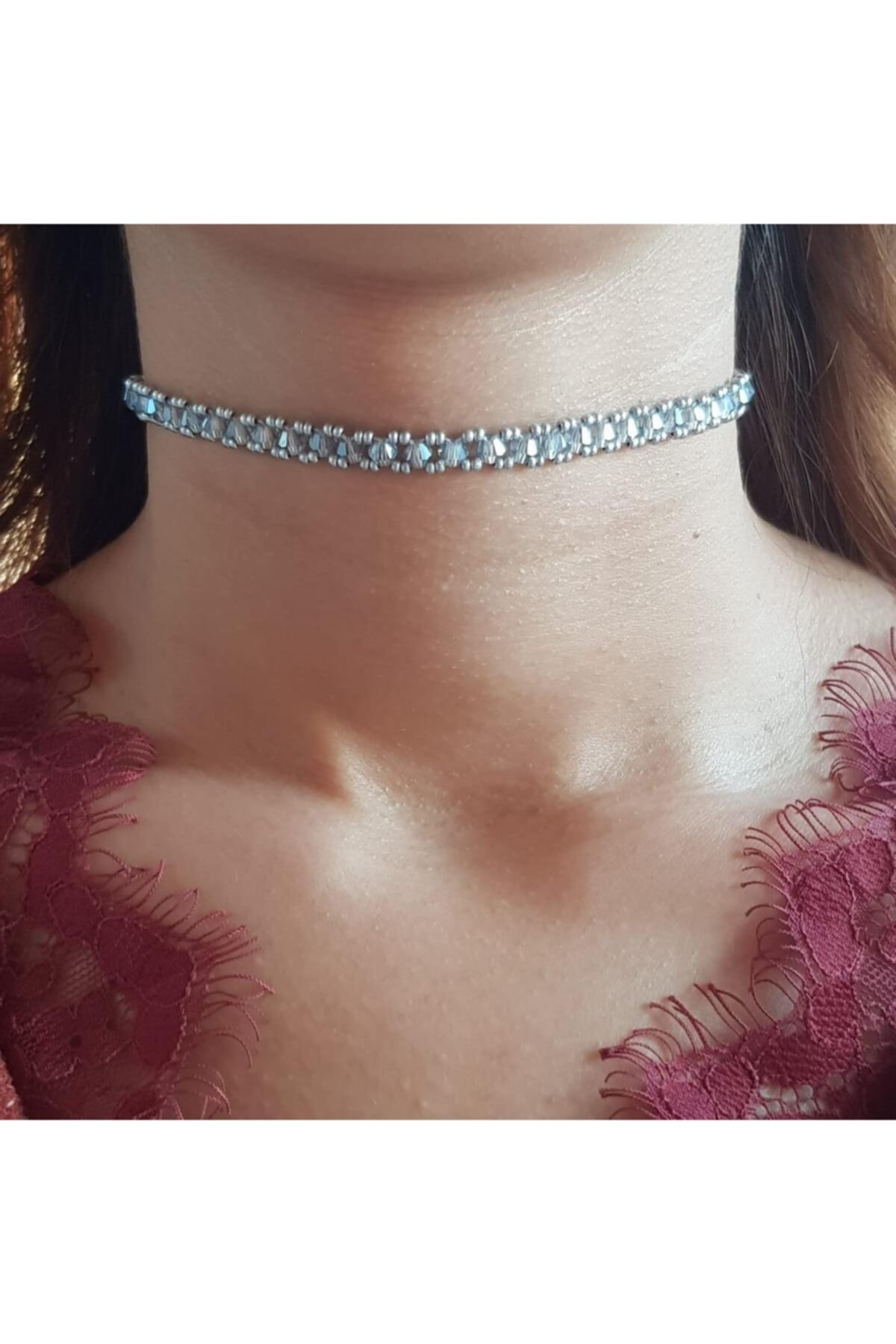 Handmade By HLY El Yapımı Şeffaf Gümüş Choker Kolye