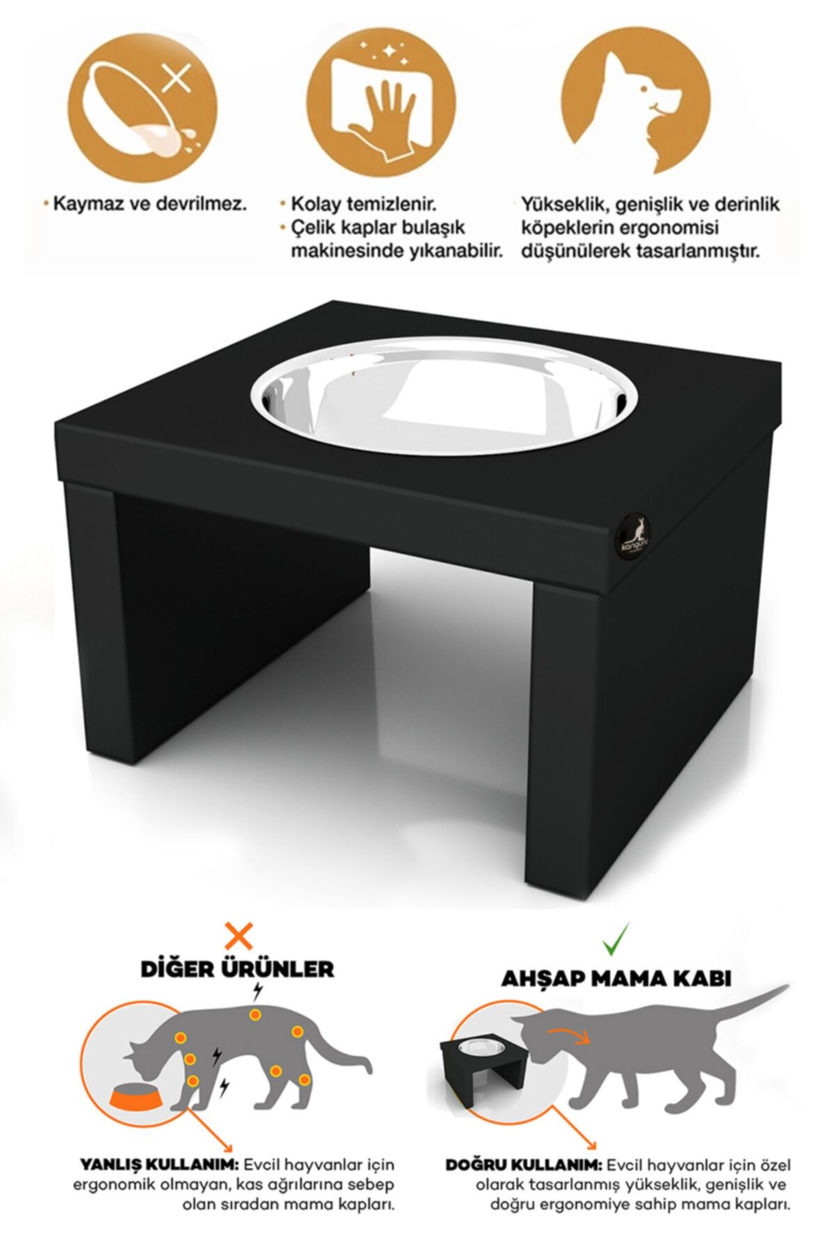 Kanguru Shopping mall Tekli Çelik Kaseli Ahşap Mama Kabı