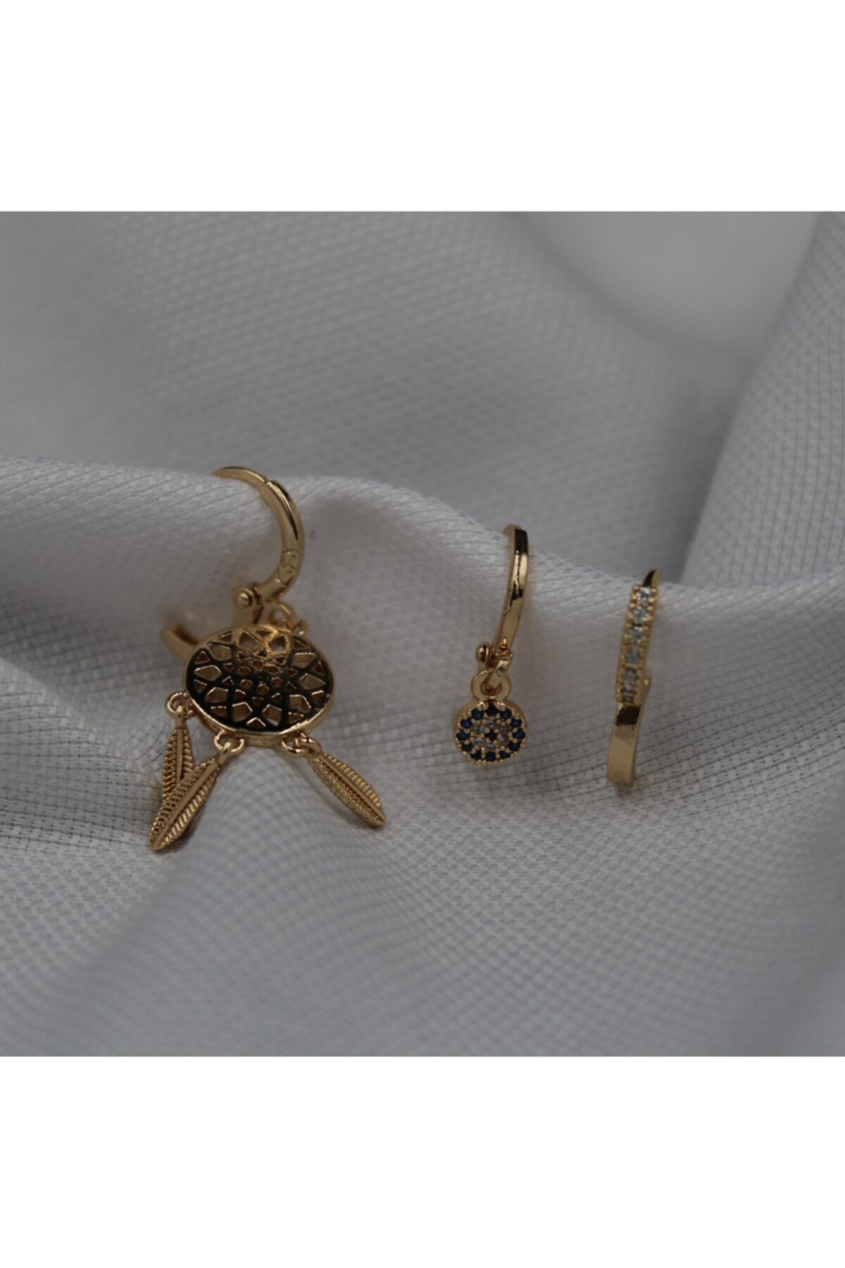 Flordun Atelier Zirkon Rüya Kapanı Üçlü Gold Set Küpe