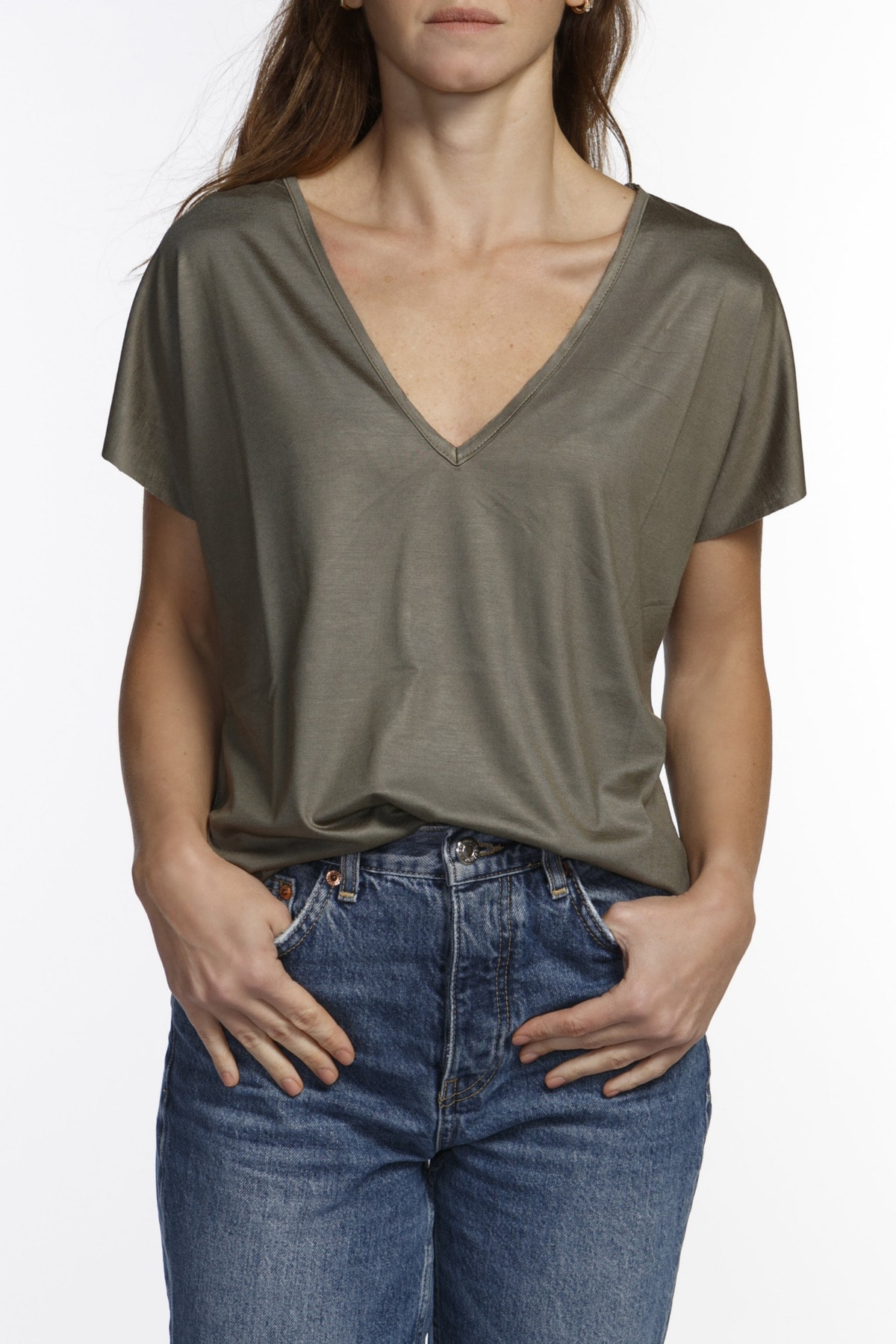 BASIC&CO Vogue Yeşil V Yaka Basic T-shirt