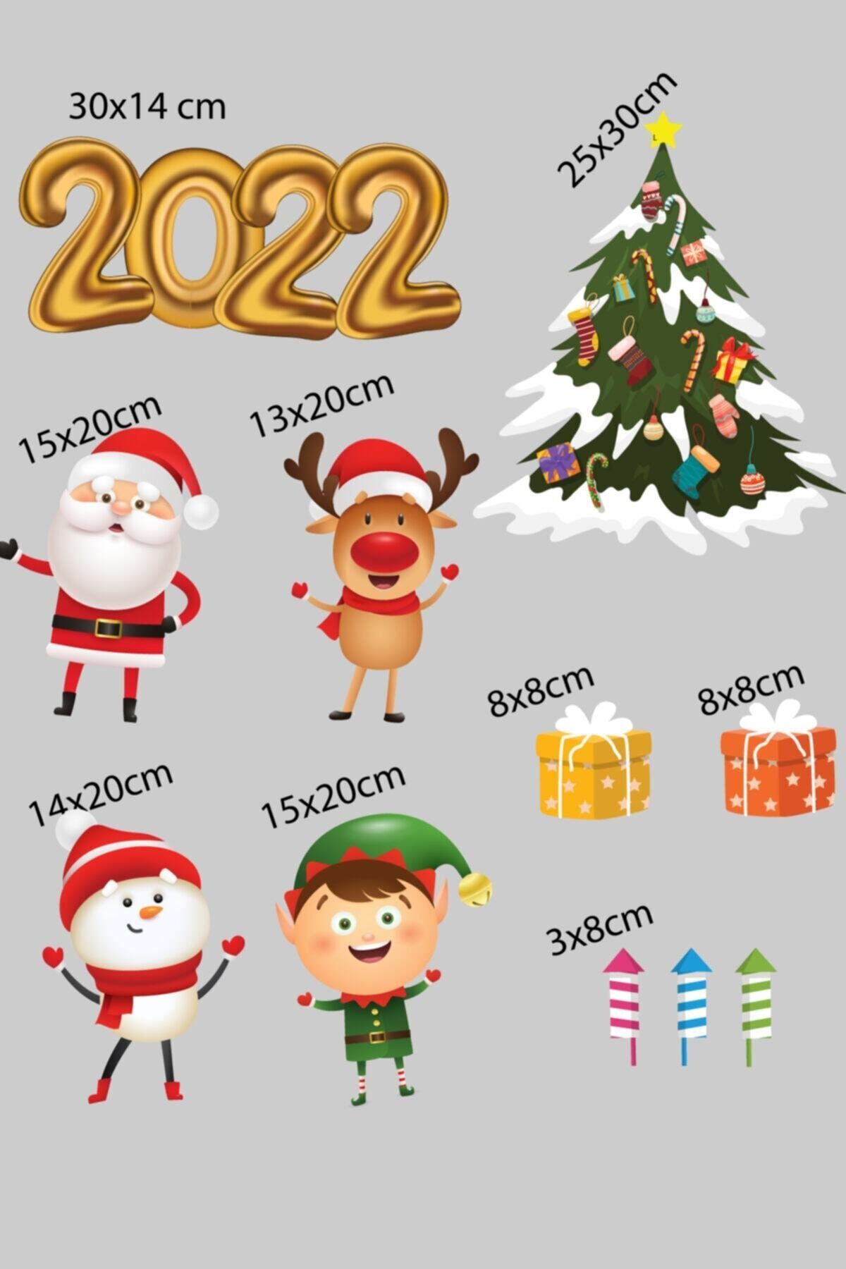 cokindirimli Yeni Yıl 2022 Yılbaşı Ağacı Noel Baba Kardan Adam Cam, Duvar Sticker