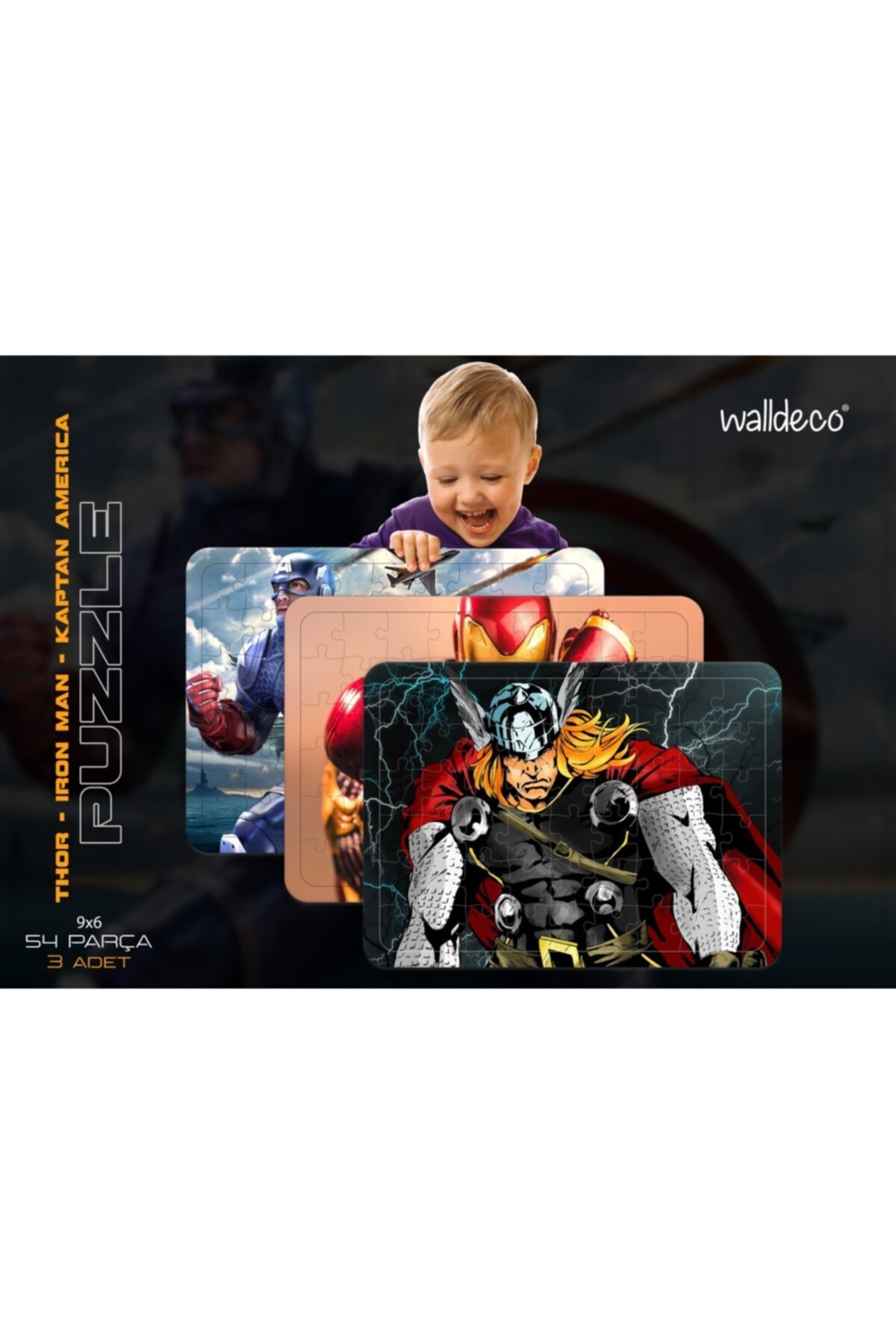Walldeco 3'lü Set Iron Man- Thor- Kaptan Amerika 54 Parça Çocuk Ahşap Puzzle