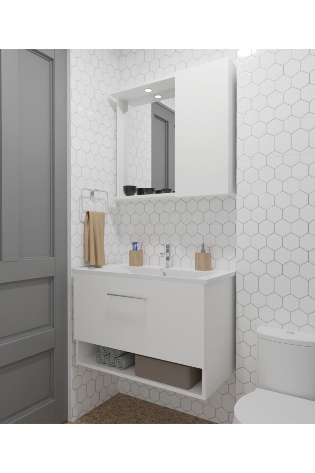Diversi Design Aspendos Banyo Dolabı Alt Üst Set Beyaz 80 Cm