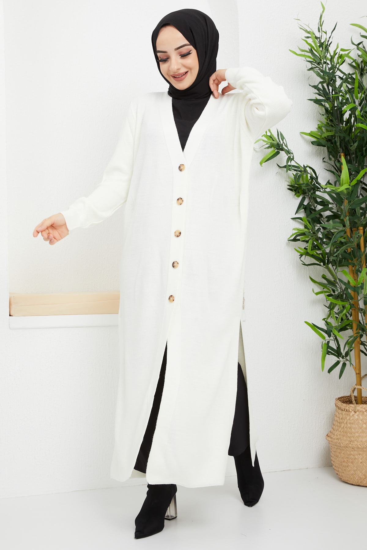 İmajButik Tam Boy Selanik Örgü Triko Hırka/beyaz