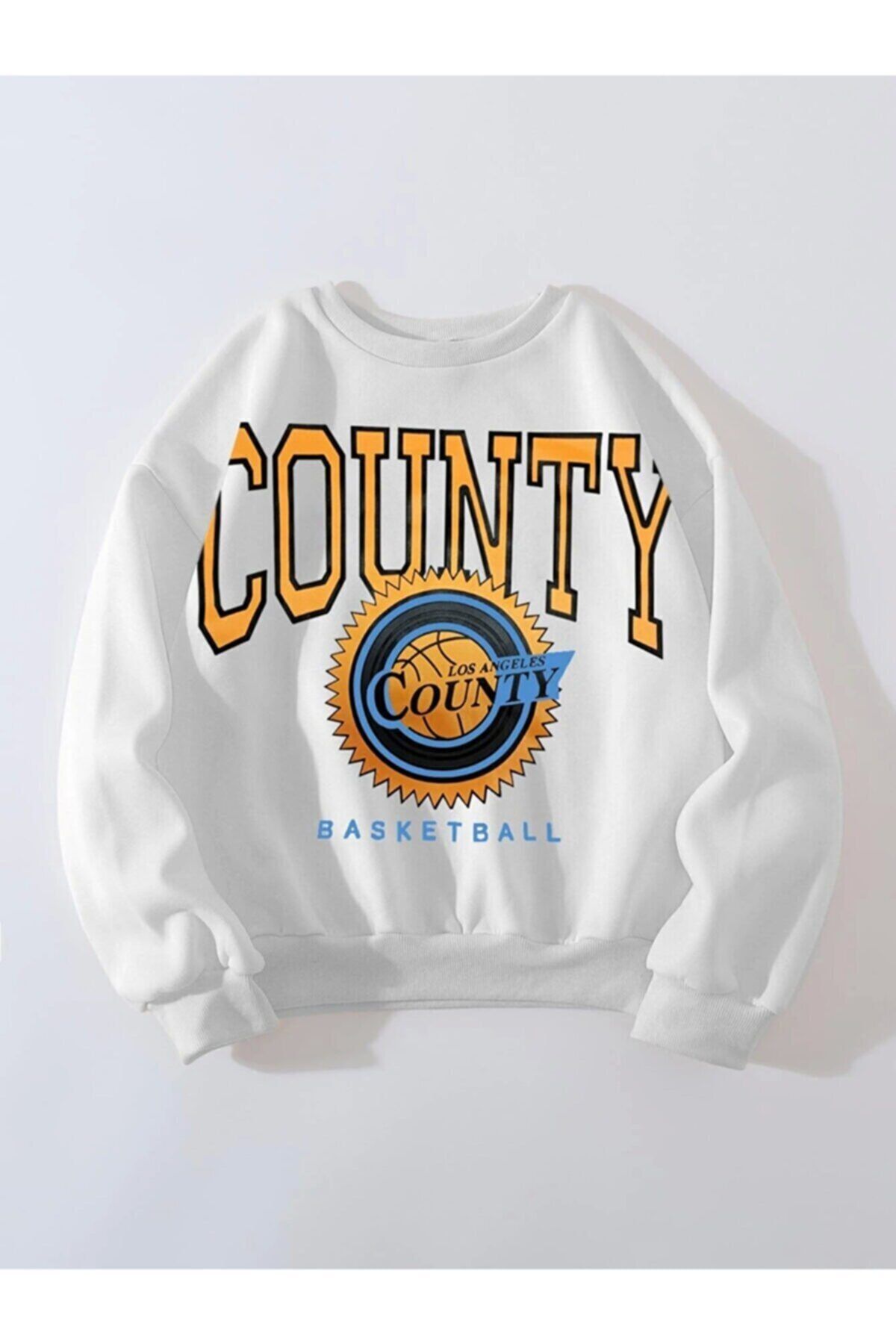 MacroGiyim Unisex Oversize Beyaz County Baskılı Sweatshirt