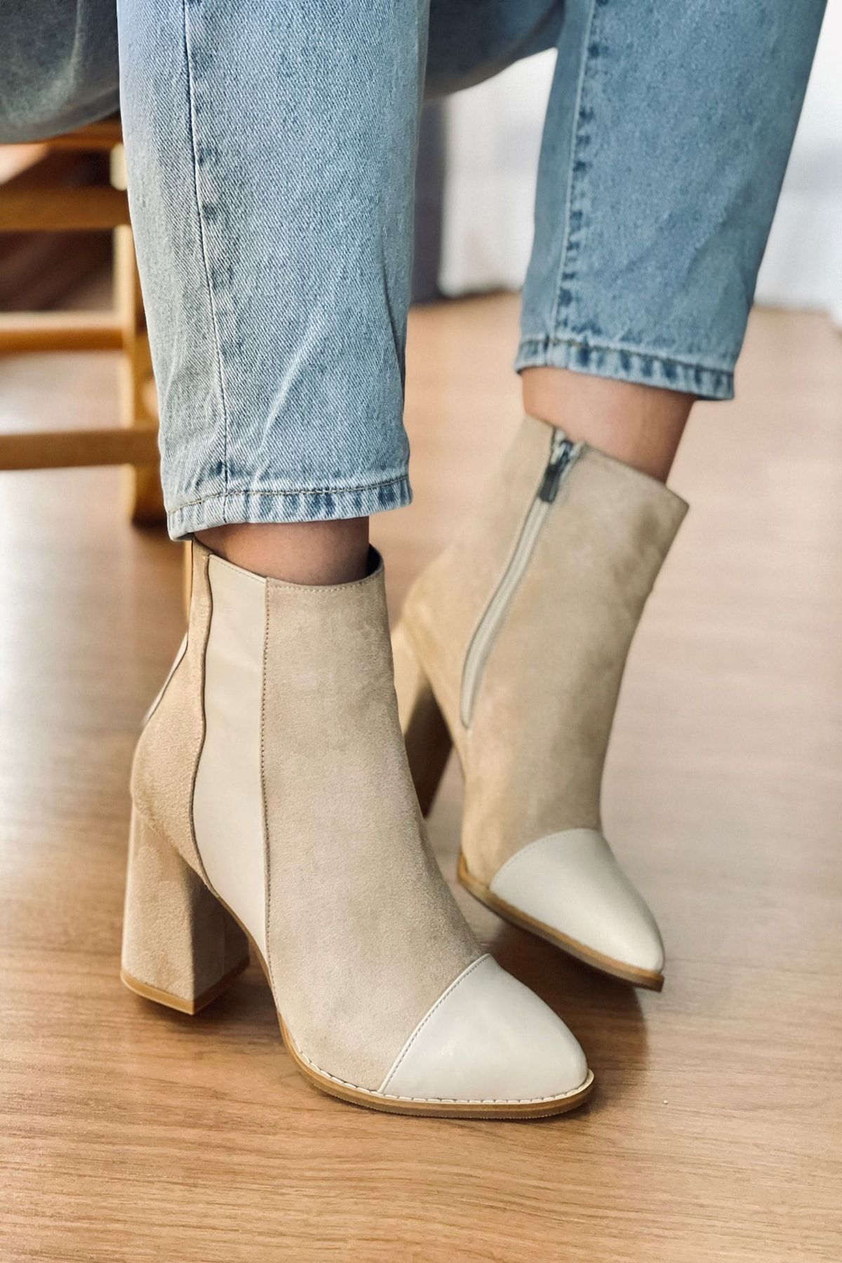 Mida Shoes Krem Cilt Fermuarlı Kadın Bot
