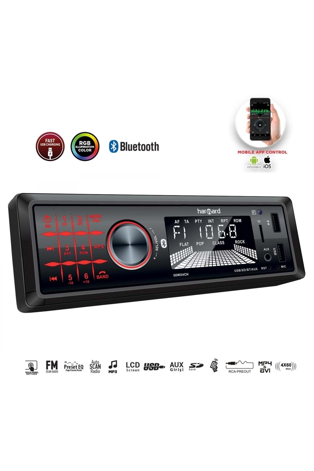 harward Oto Teyp 4x60w Bt/usb/sd/fm/aux Mobil Aplikasyon Hr-mx604