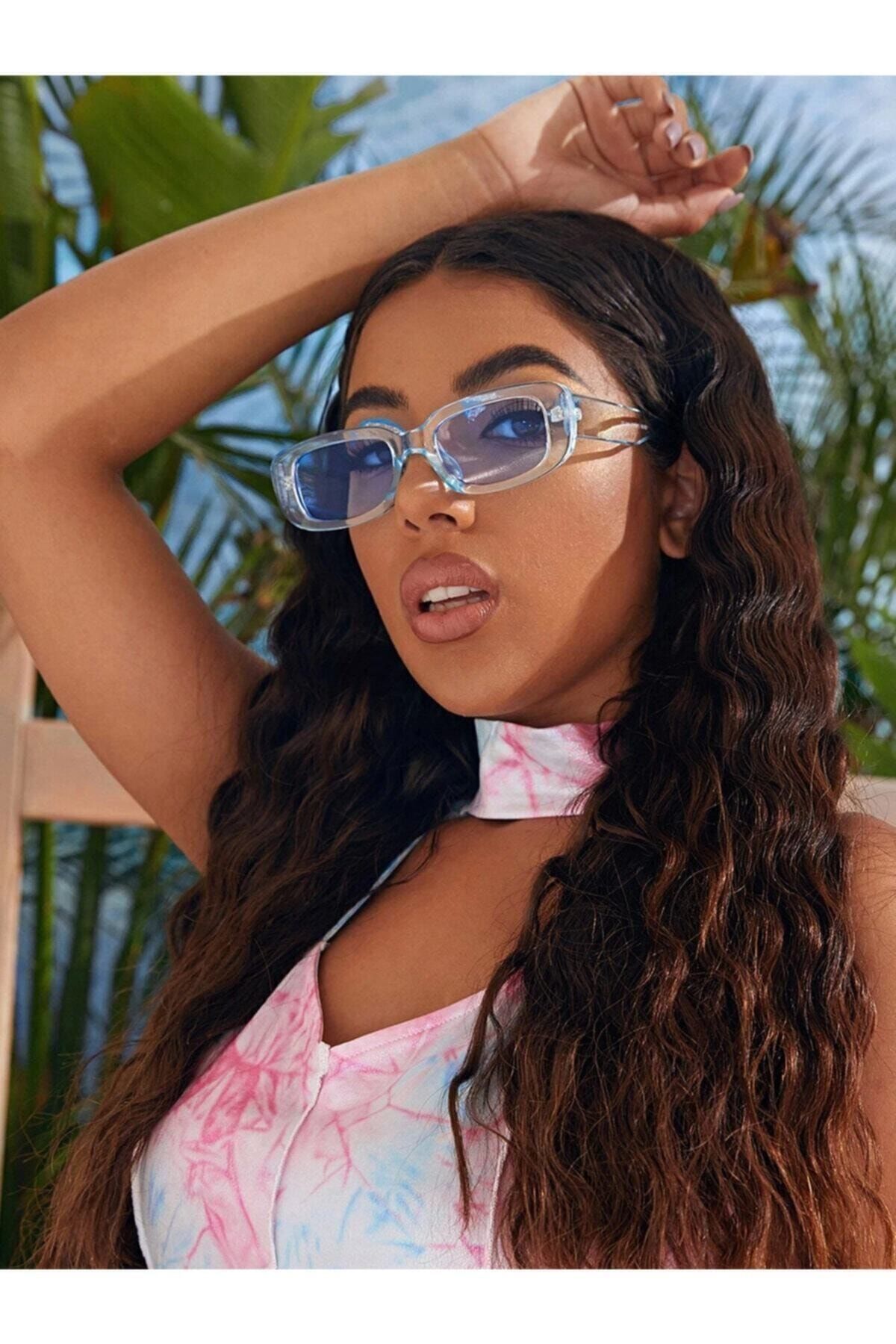 Mathilda Aksesuar Chunky Frame Vintage Şeffaf Mavi Güneş Gözlüğü