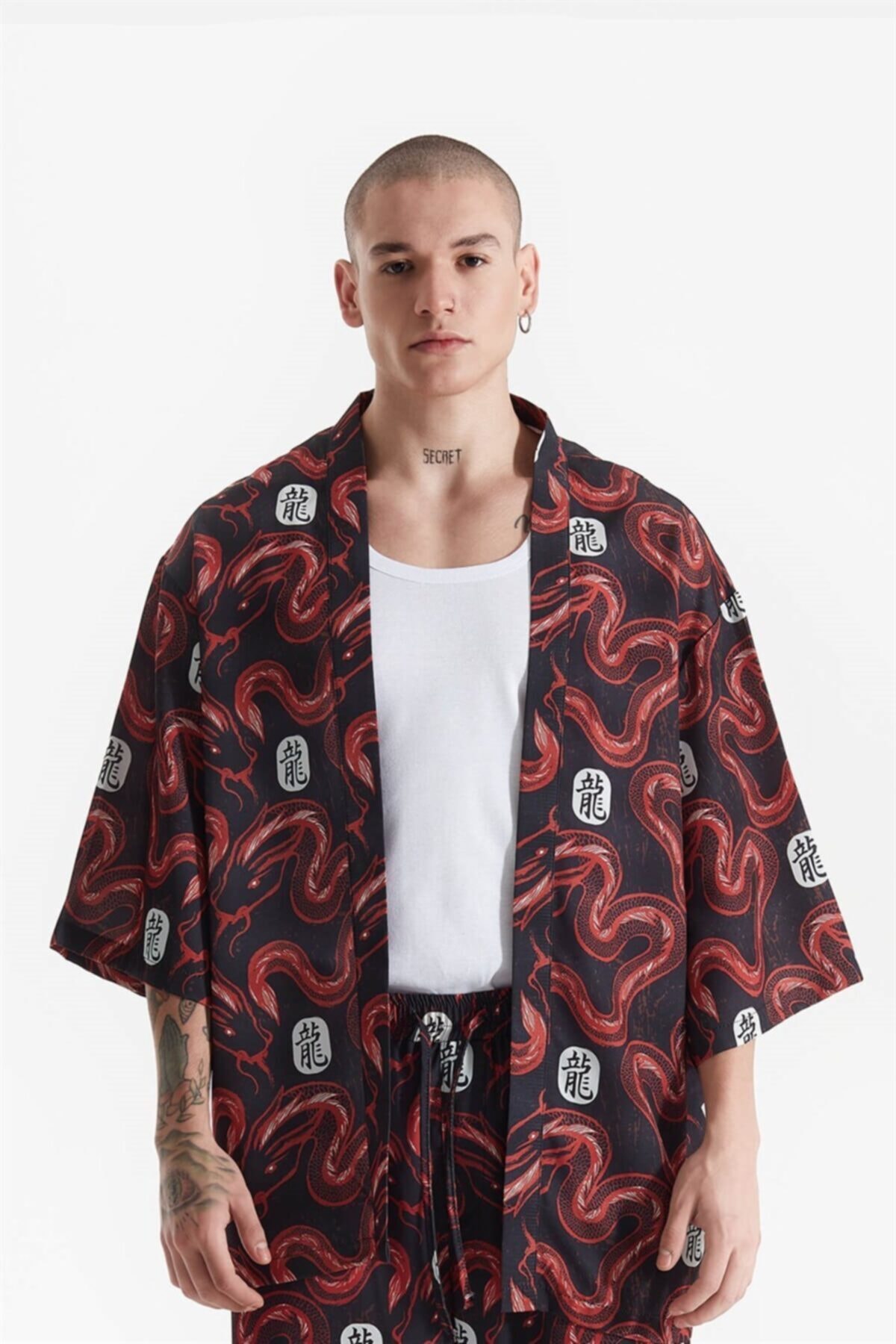 OhBro Unisex Red Dragon Allover Baskılı Kimono