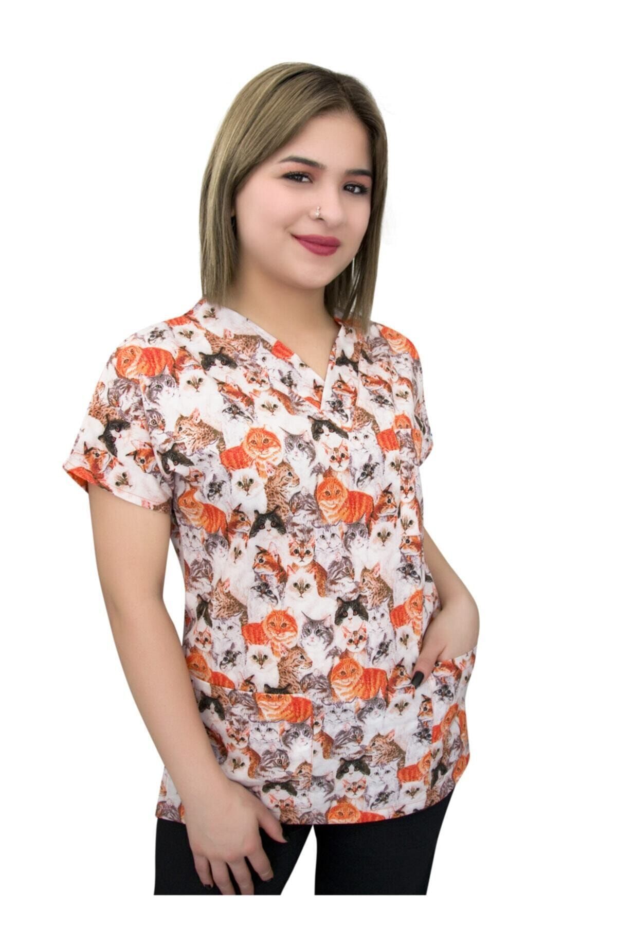 Nur Medikal Giyim Turuncu Kahve Kediler Desenli Dr. Greys Tek Üst Forma