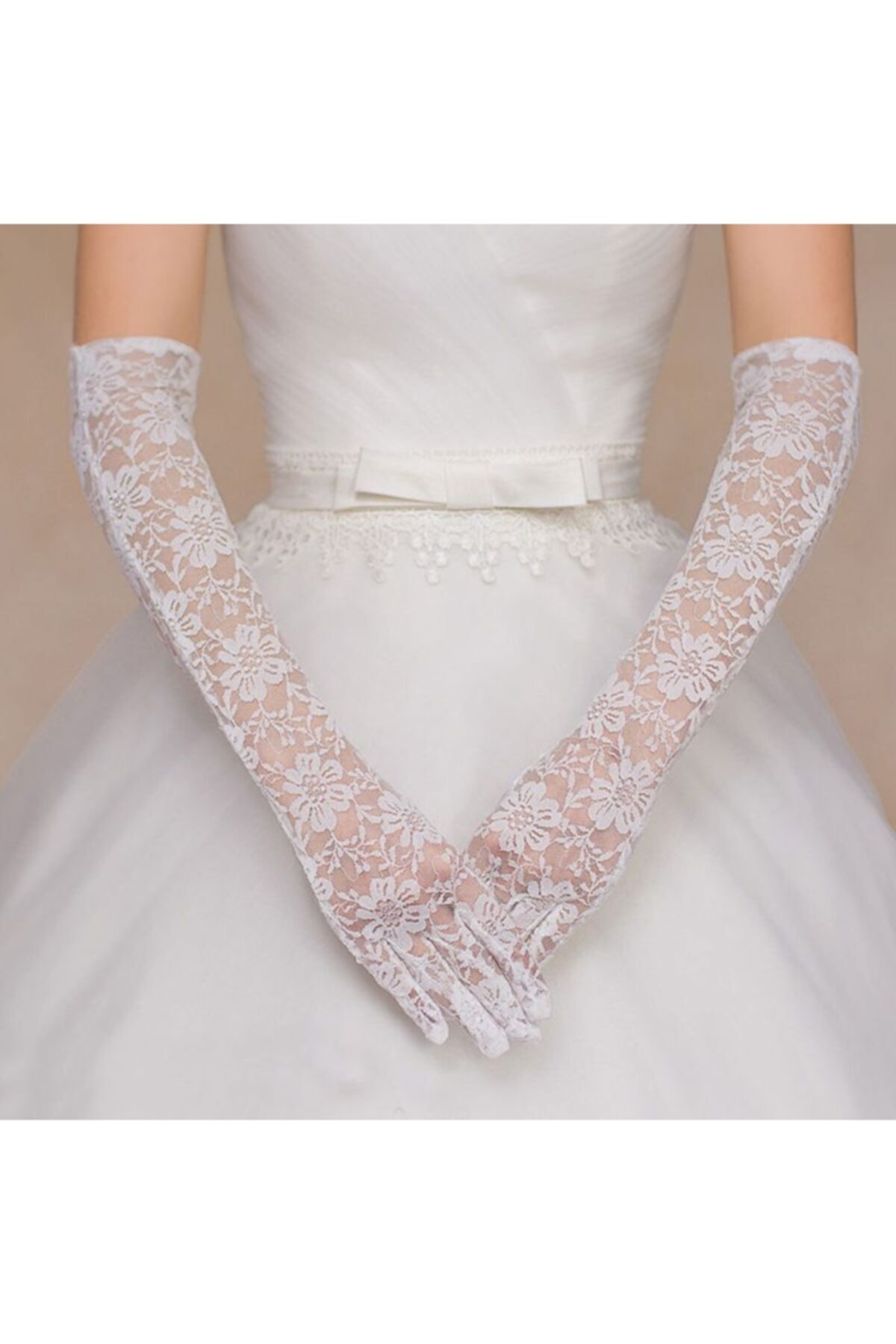 theonlinebutik Beyaz Renk Uzun Boy Dantelli Eldiven