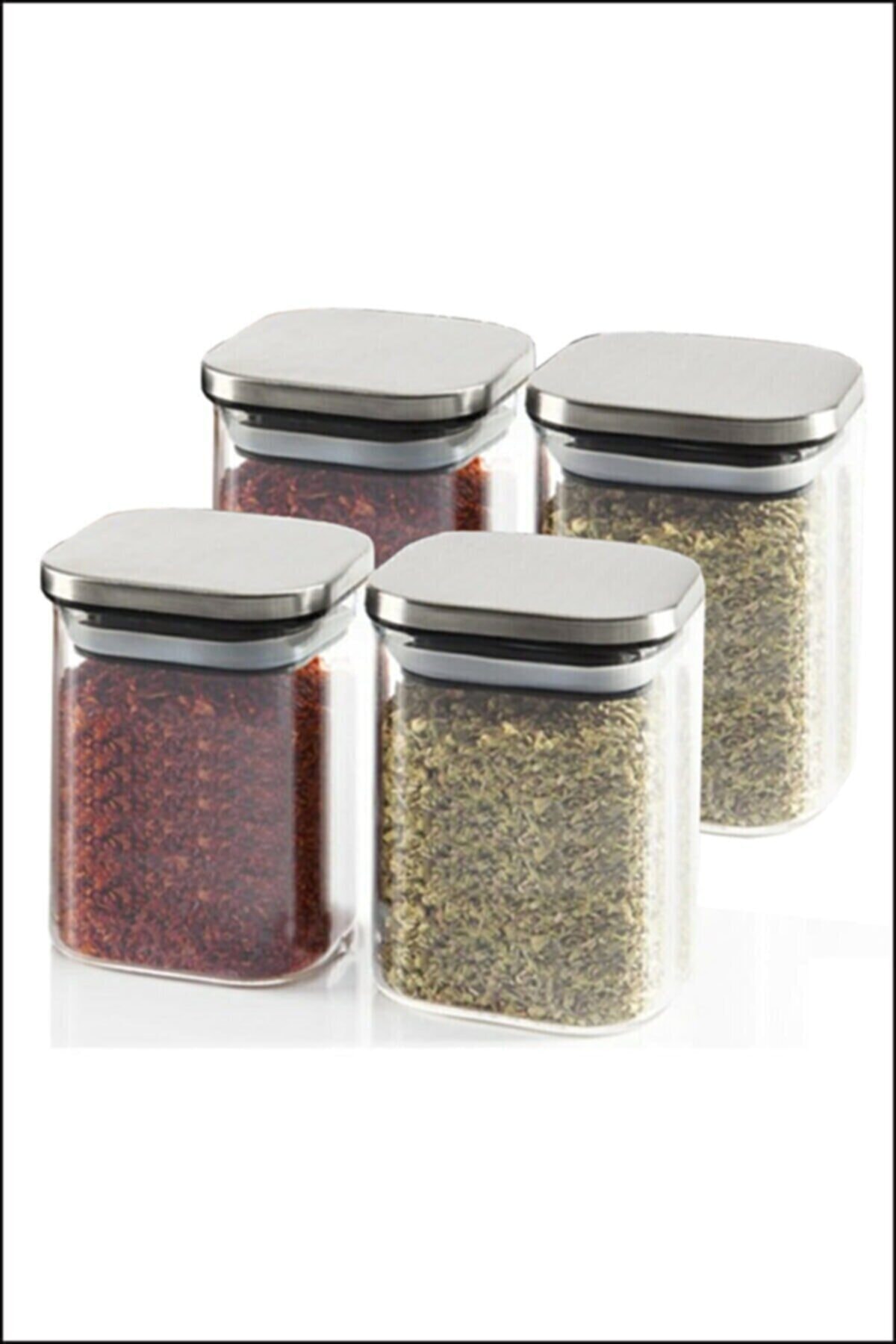 Cagla Homes 4lü Paslanmaz Metal Vakum Kapaklı Borosilikat Cam Baharatlık 200ml Saklama Kabı Set Kvn34x4